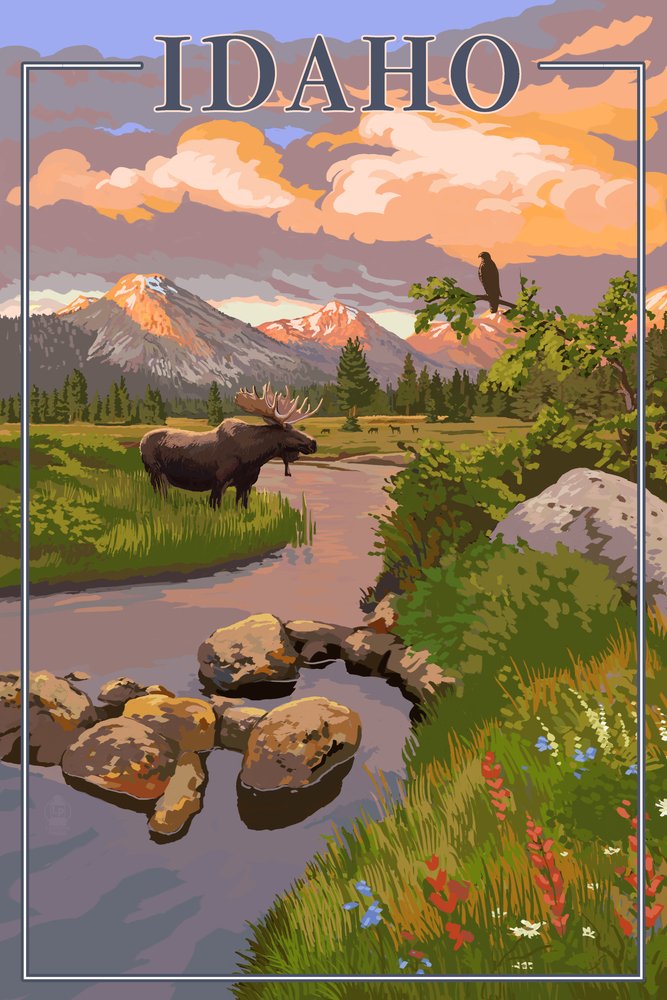 Idaho Sunset Landscape - Moose & Mountain Stream Metal Wall Art (16x24 Inch Premium Aluminum Print) - Perfect for Living Room, Office or Cabin Decor