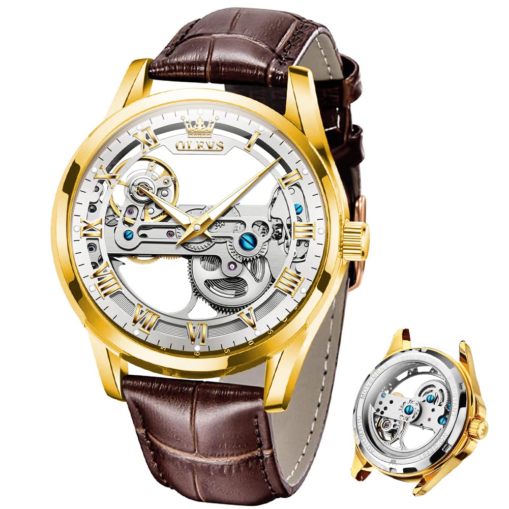 OLEVS Men's Automatic Skeleton Watch - Waterproof Mechanical Wristwatch with Genuine Leather Strap, Luminous Hands - Luxury Classic Fashion Timepiece for Business, Casual & Formal Occasions