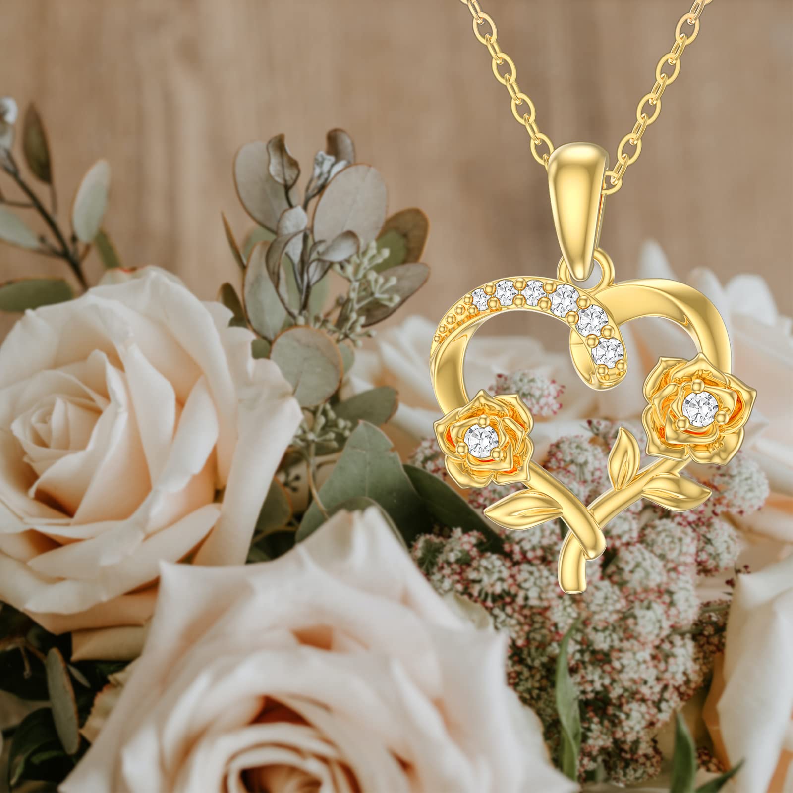 YDD 9ct Gold Heart Necklace for Women - Rose Flower Pendant Necklace in Real Gold | Perfect Christmas, Mother's Day & Valentine's Day Gift for Her | 16+1+1 Inch Chain | Elegant Jewelry for Date Nights, Anniversaries & Special Occasions