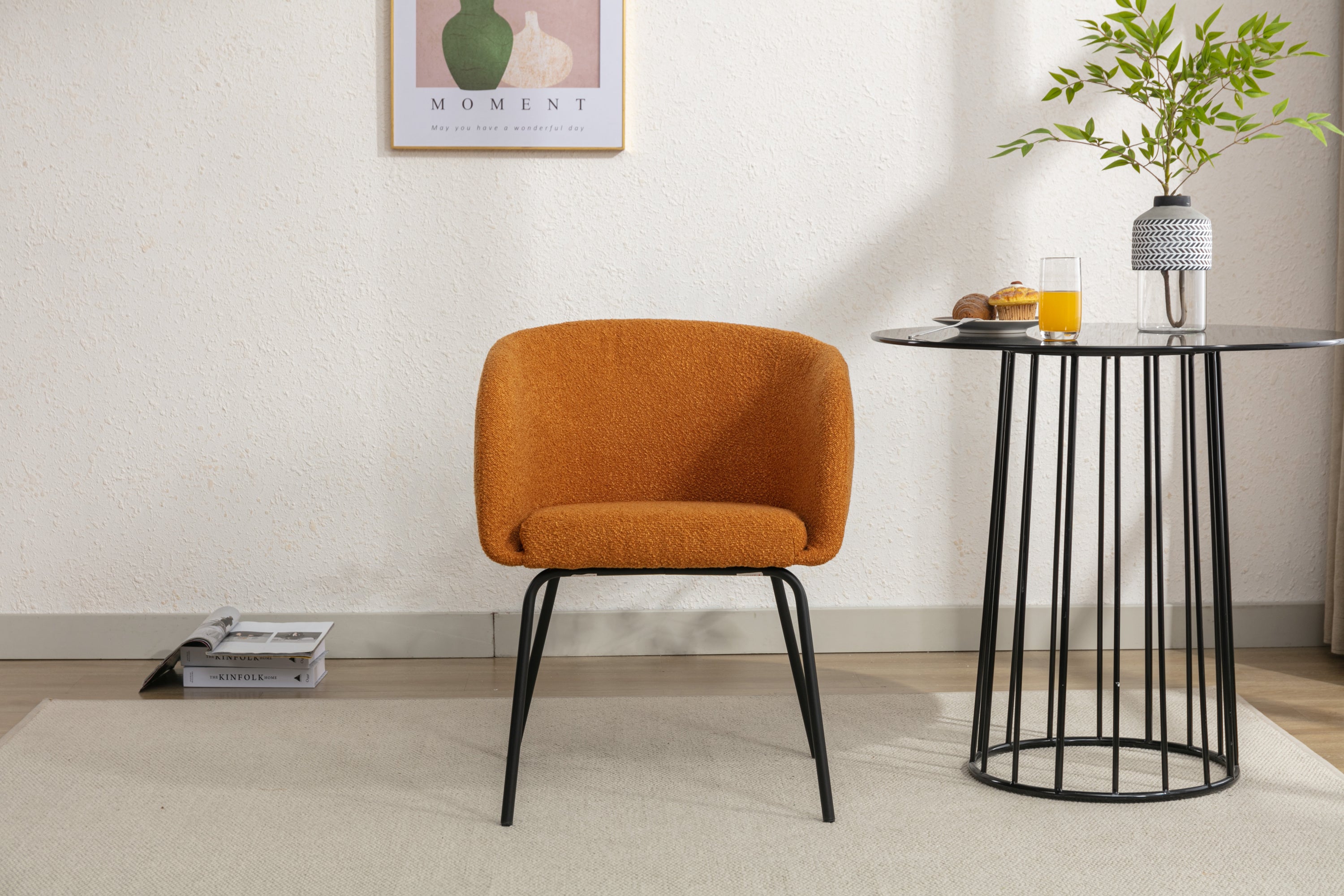 Boucle Fabric Dining Chair with Black Metal Legs - Set of 1 - Modern Upholstered Side Chair for Kitchen, Dining Room & Office