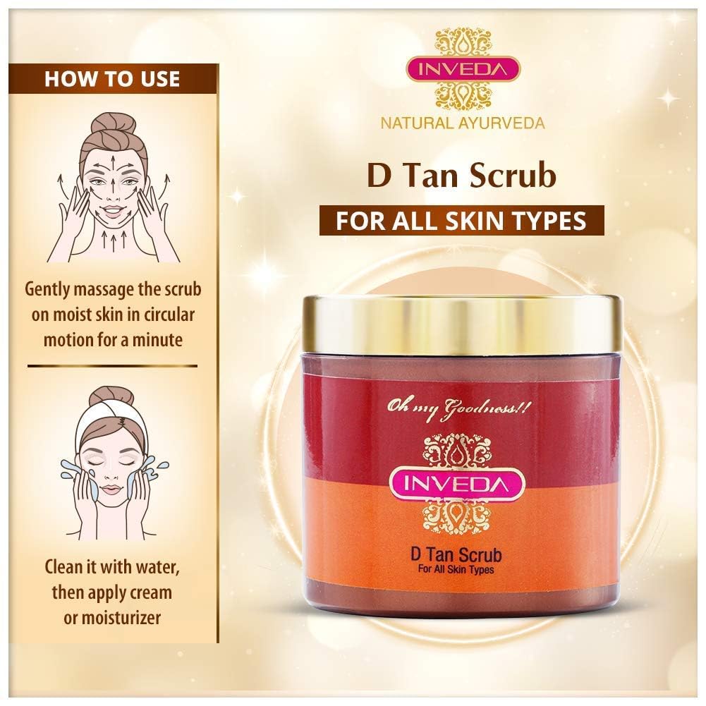 Inveda De Tan Scrub with Basil, Clove Oil & Lemon Peel Extracts - 100ml Exfoliating Face & Body Scrub for Tan Removal, Even Skin Tone & Smooth Skin | Perfect for Post-Sun Care & Daily Glow Routine