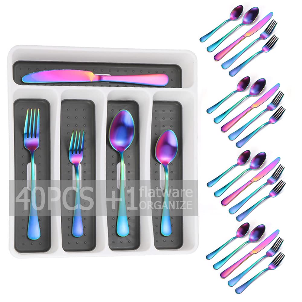 Rainbow 40-Piece Stainless Steel Silverware Set - Mirror Polished Flatware Set with 5-Compartment Non-Slip Drawer Organizer - Dishwasher Safe Cutlery for 8 Place Settings (Knives, Forks, Spoons) - Perfect for Dinner Parties, Restaurants, and Everyday Dining