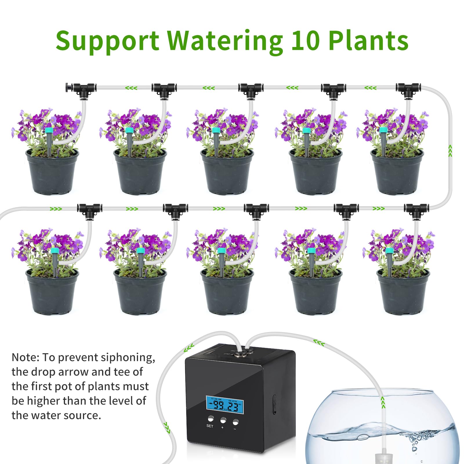 Automatic Plant Watering System for Indoor Potted Plants - 10 Pot Smart Timer Drip Irrigation Kit with Leak-Proof Design, USB-C & Battery Power - Perfect for Vacation, Office & Home Garden Care