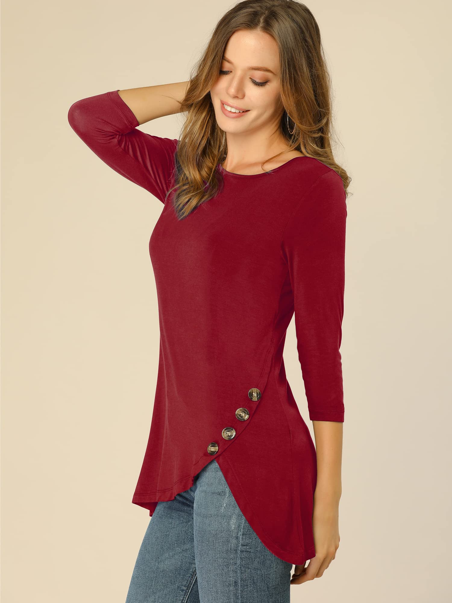 Allegra K Women's Loose Fit Asymmetrical Hem Tunic T-Shirt - 3/4 Sleeve Round Neck Casual Top for Spring 2025 | Perfect for Everyday Wear, Office Outfits & Weekend Relaxation
