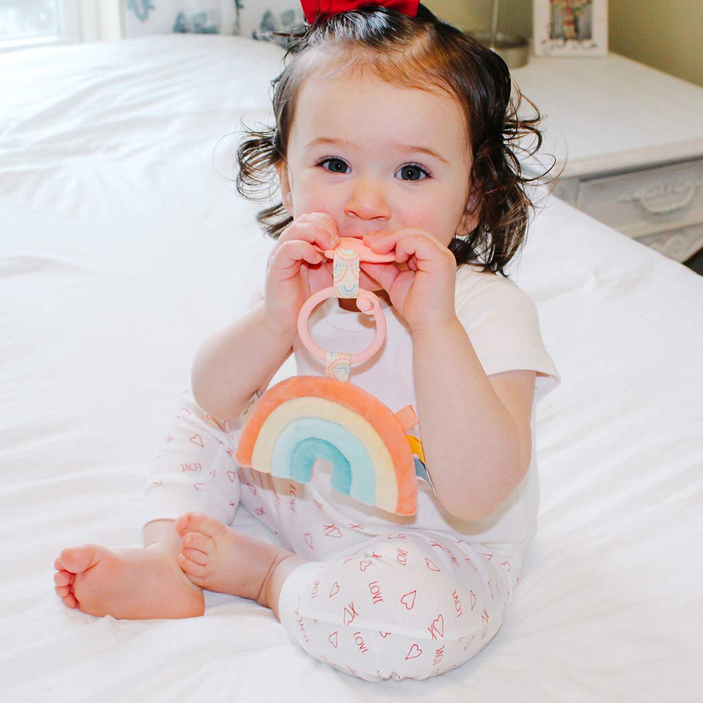 Itzy Ritzy Infant Toy & Teether - Silicone Baby Teething Toy with Lovey, Crinkle Sound & Textured Ribbons for Newborns (Rainbow) | Soothing Teether for Babies 0-12 Months, Perfect for On-the-Go & Nursery Playtime