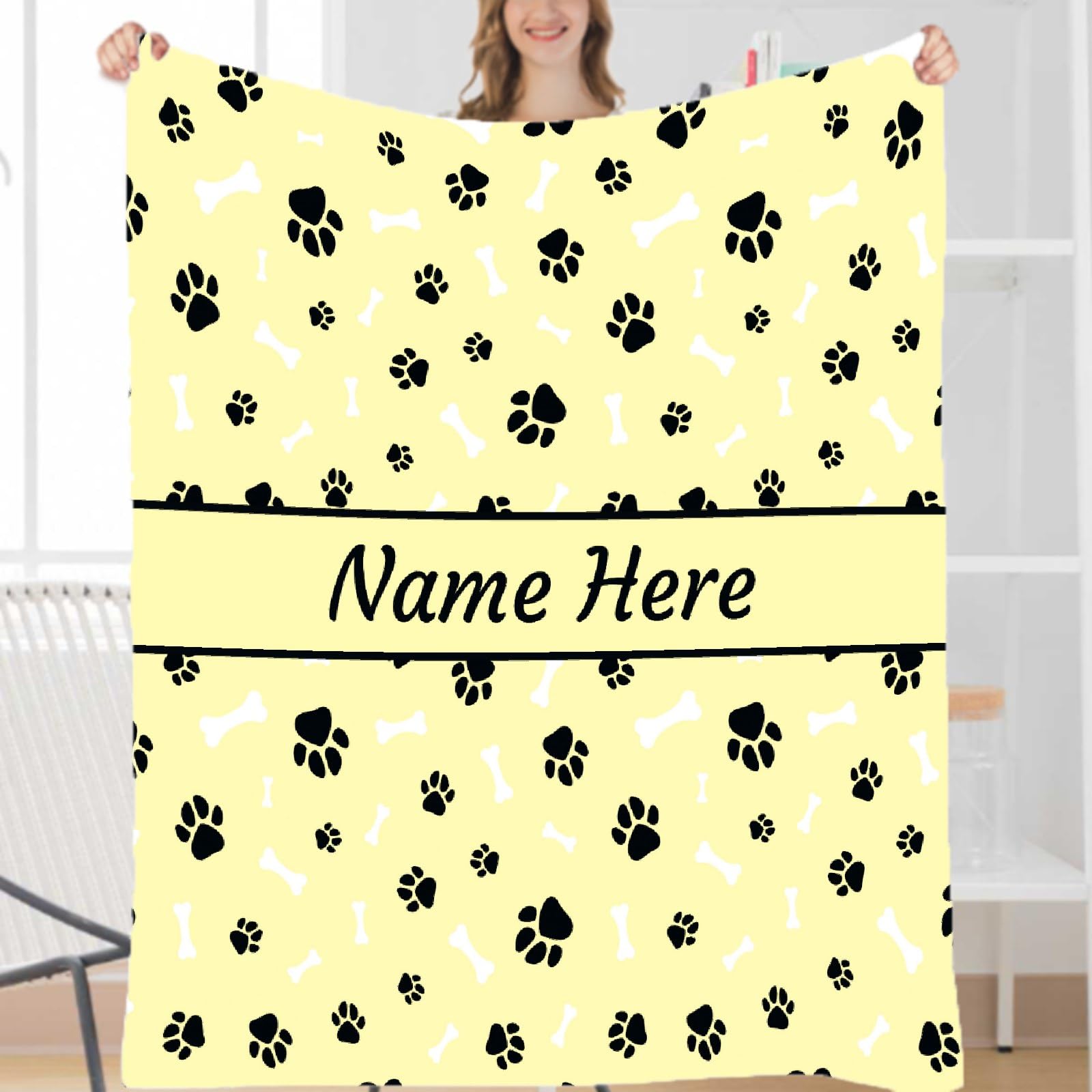 **Personalized Dog Blanket - Custom Name Fleece Throw Blanket for Pets - Soft Cozy Gift for Dog Lovers, Mom & Dad - Cute Paws & Bones Design - Perfect for Bed, Sofa, Couch & Travel**    *(Example Use: Keep your furry friend warm at home, in the car, or while camping with this adorable personalized pet blanket!)*