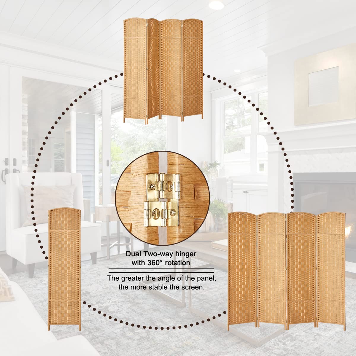 6 ft. Tall Extra Wide Diamond Weave Fiber Room Divider Screen - Light Beige 4 Panel Folding Partition for Home, Office & Event Spaces - Privacy Screen & Decorative Room Separator