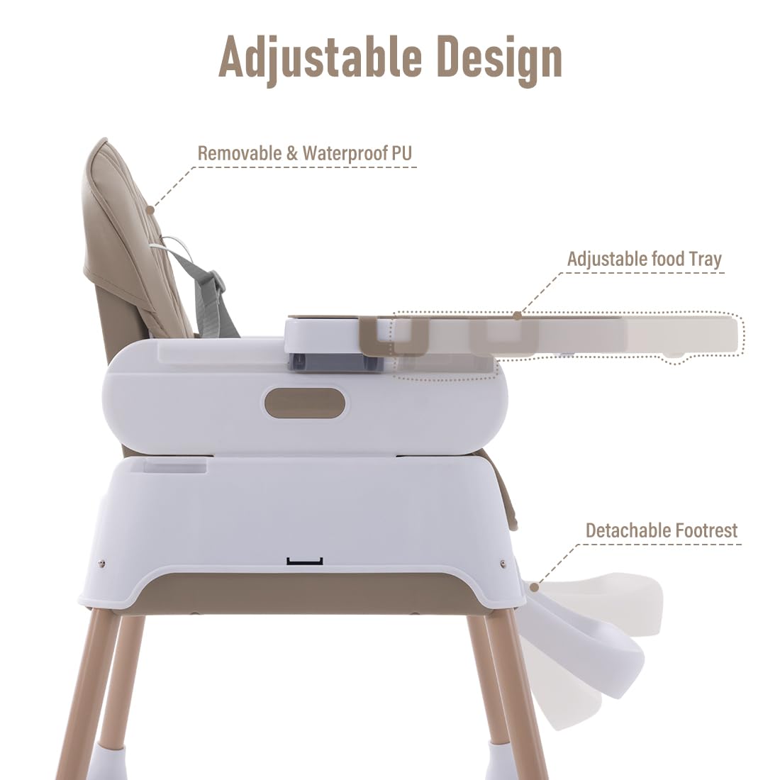 3 in 1 Adjustable Baby High Chair - Convertible Infant Feeding Chair with Detachable Tray & 5-Point Safety Harness | Khaki Color | Perfect for Home Dining, Kitchen & Travel Use