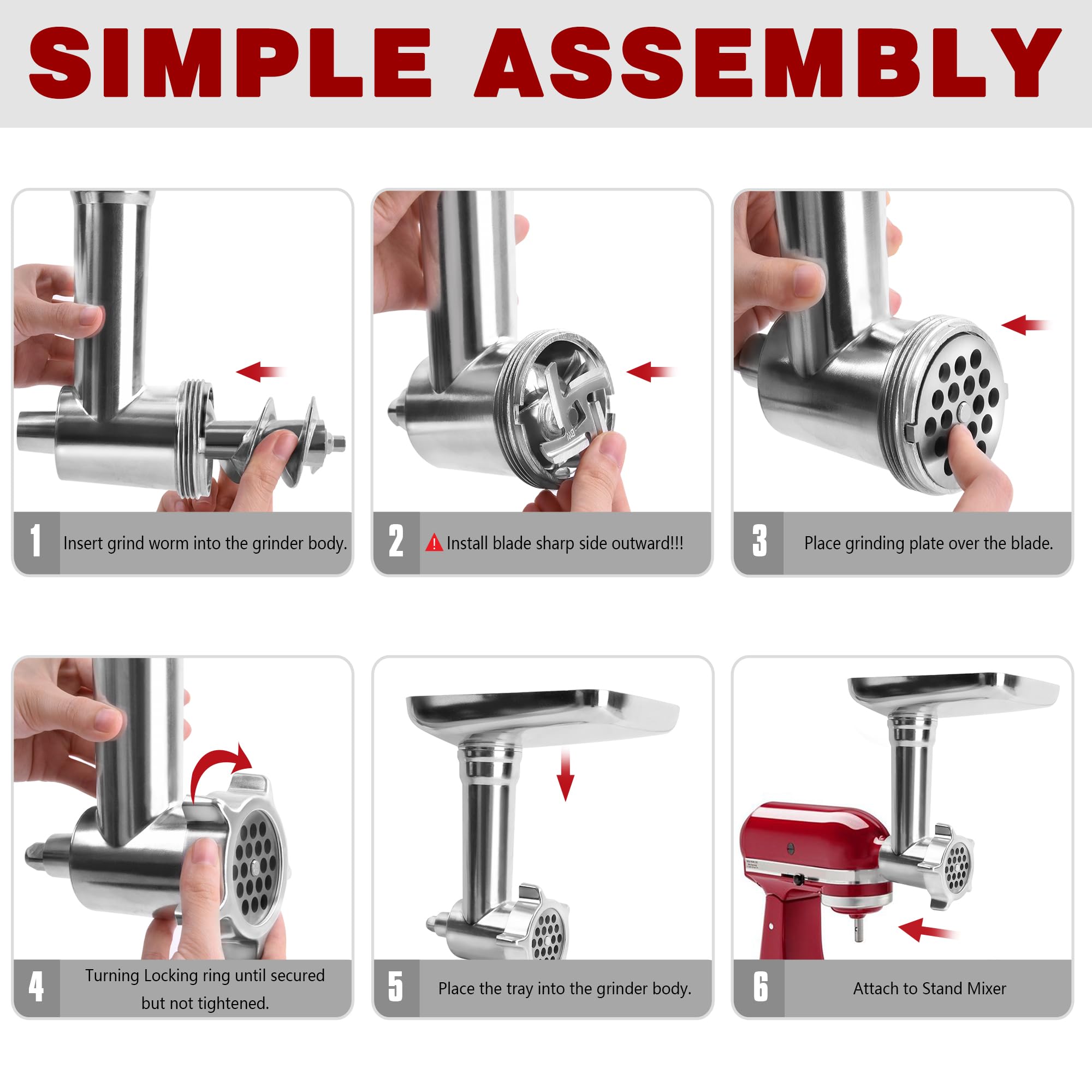 Premium Stainless Steel Meat Grinder Attachment for KitchenAid Mixers - Heavy Duty Sausage Stuffer & Food Grinder - Dishwasher Safe (Mixer Not Included) - Perfect for Homemade Burgers, Sausages & Pet Food Prep