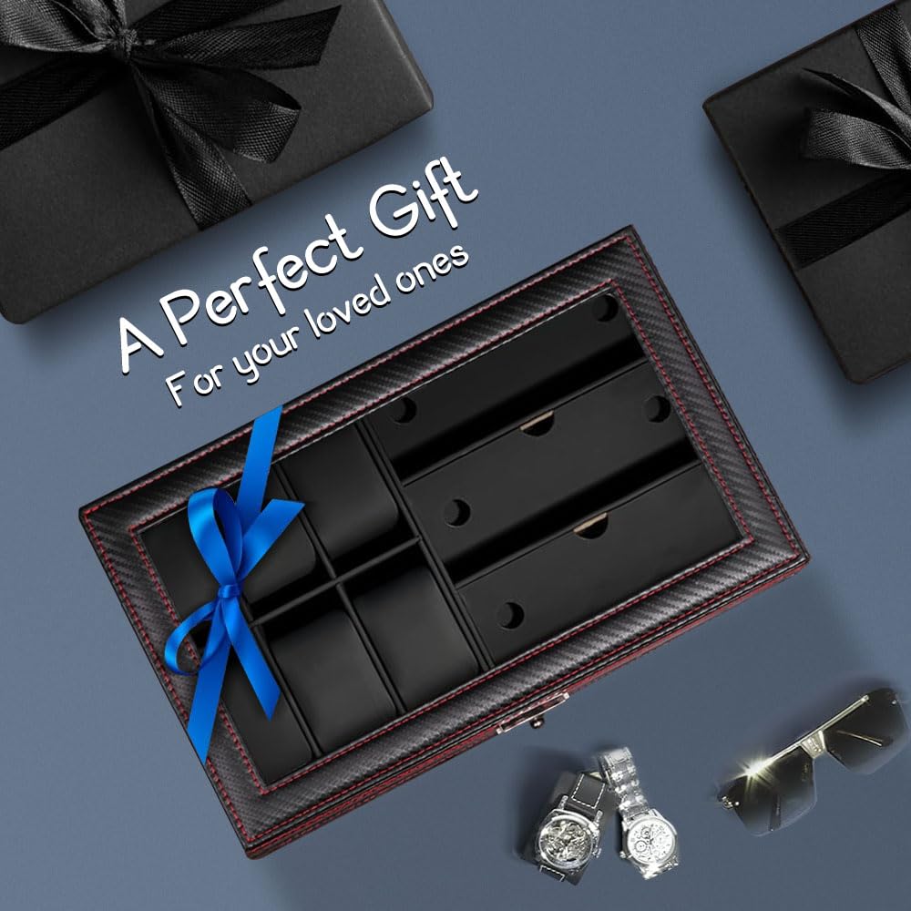 Premium 6-Slot Watch Jewelry Box Organizer with Glass Lid & 3 Sunglasses Storage - 2-Tier Men's Jewelry Display Case - Perfect Watch Holder for Men's Accessories & Birthday Gifts (Black) - Ideal for Travel, Home Decor & Watch Collection Organization