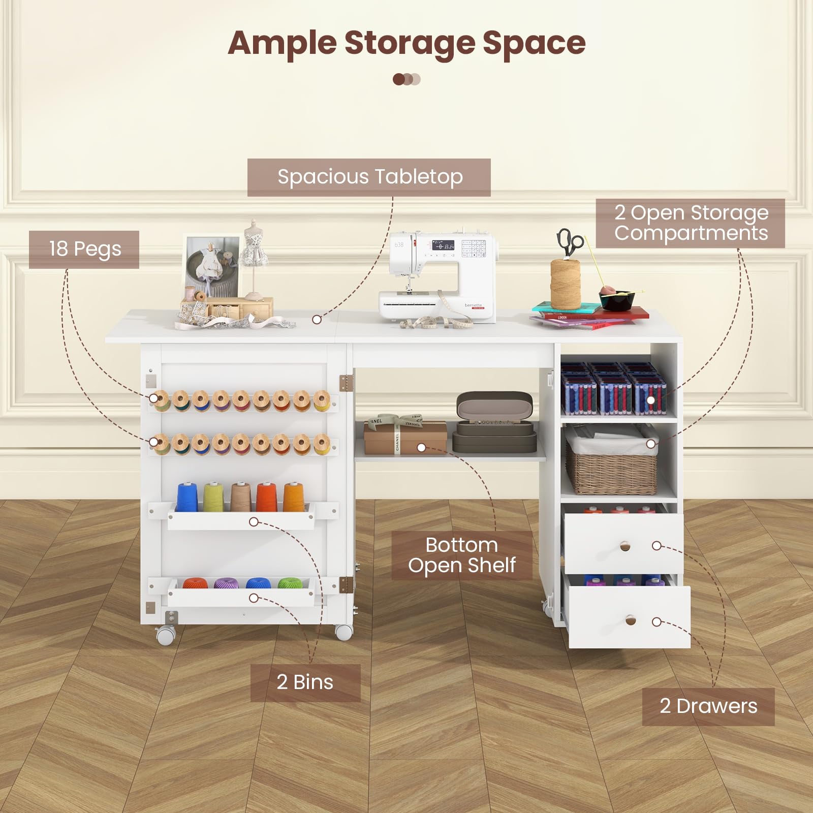 COSTWAY White Folding Sewing Machine Table with Charging Station - Portable Sewing Cabinet with Lockable Wheels, Storage Shelves, 2 Bins & Drawers, 18 Pegs - Perfect Sewing Desk for Small Spaces & Craft Rooms, Home Studios & DIY Projects