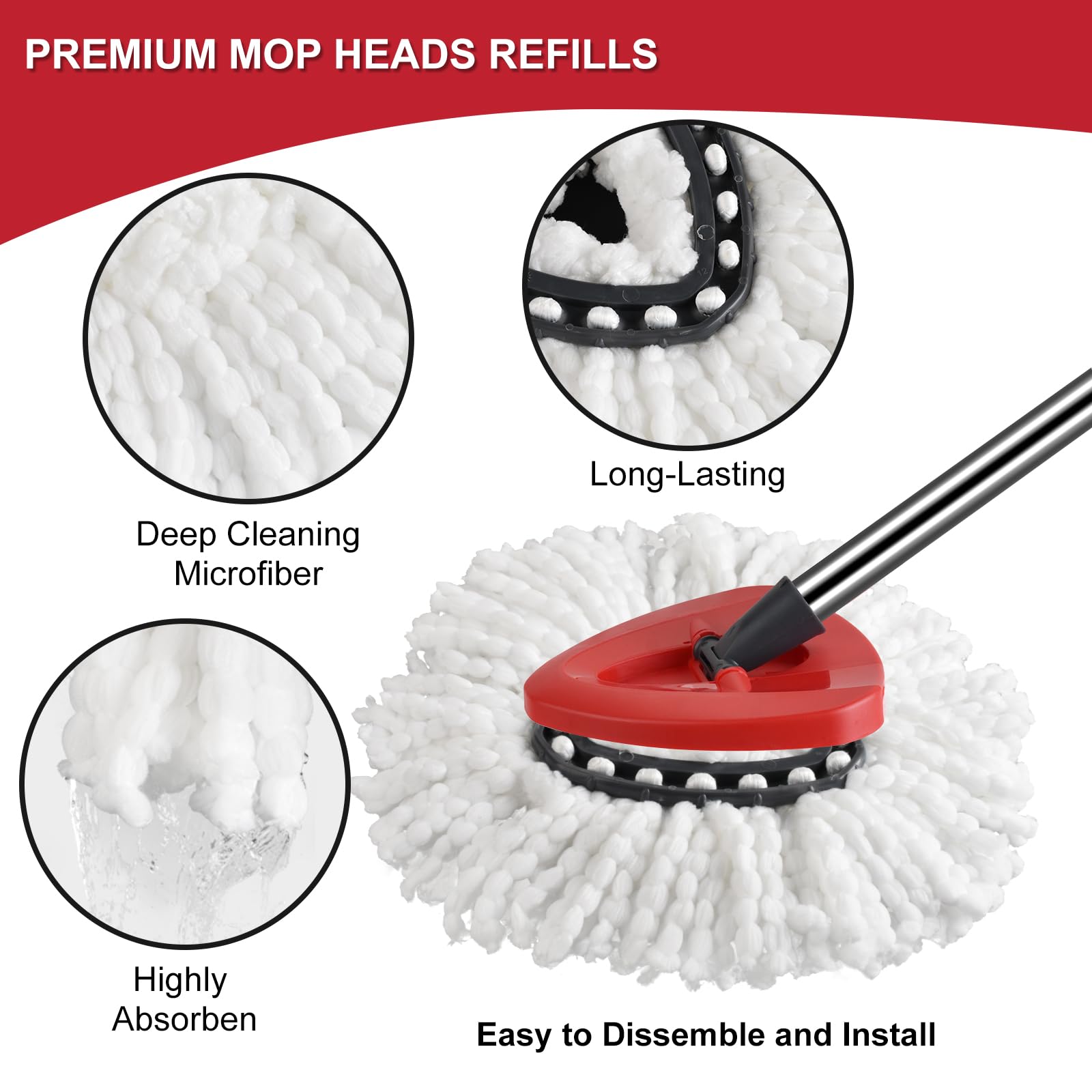 6 Pack Spin Mop Replacement Heads + 1 Mop Base - Compatible with O Cedar EasyWring Spin Mop - 100% Microfiber Deep Cleaning Refills - Machine Washable & Easy to Replace - Perfect for Hardwood Floors, Tile & Kitchen Cleaning
