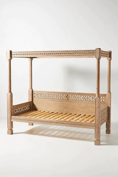 Hand Carved Canopy Style Solid Wooden Daybed - Rustic Wood Bed Frame for Patio, Porch, or Bedroom - Perfect for Outdoor Lounging & Indoor Relaxation