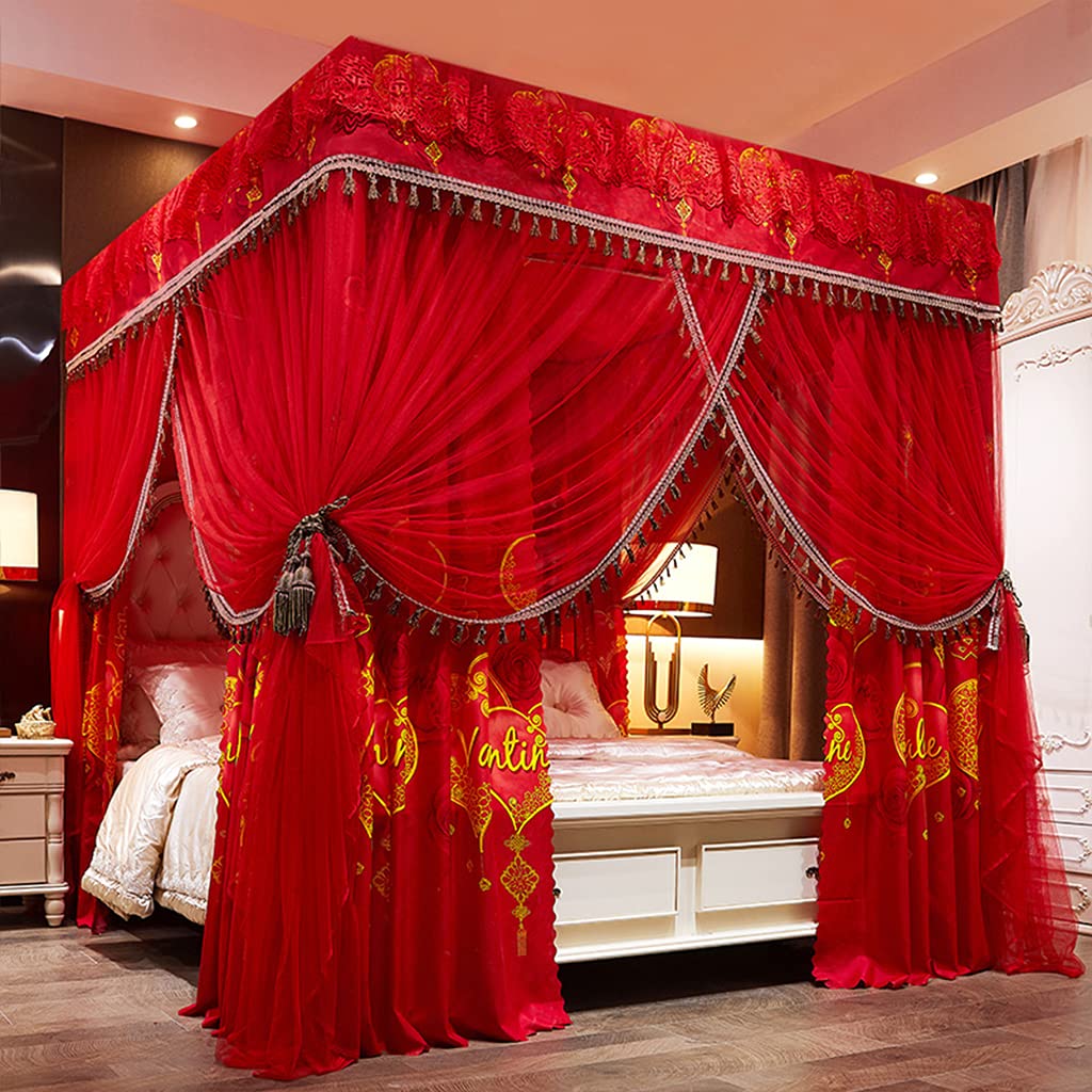 Princess 4 Corner Bed Canopy with Mosquito Net - Dreamy Canopy Curtain for Girls Room, Kids Bedroom & Adult Bed (Red, Full Size) - Perfect for Twin, Full, Queen & King Beds - Create a Fairy Tale Sleeping Space for Kids or Romantic Bedroom Decor