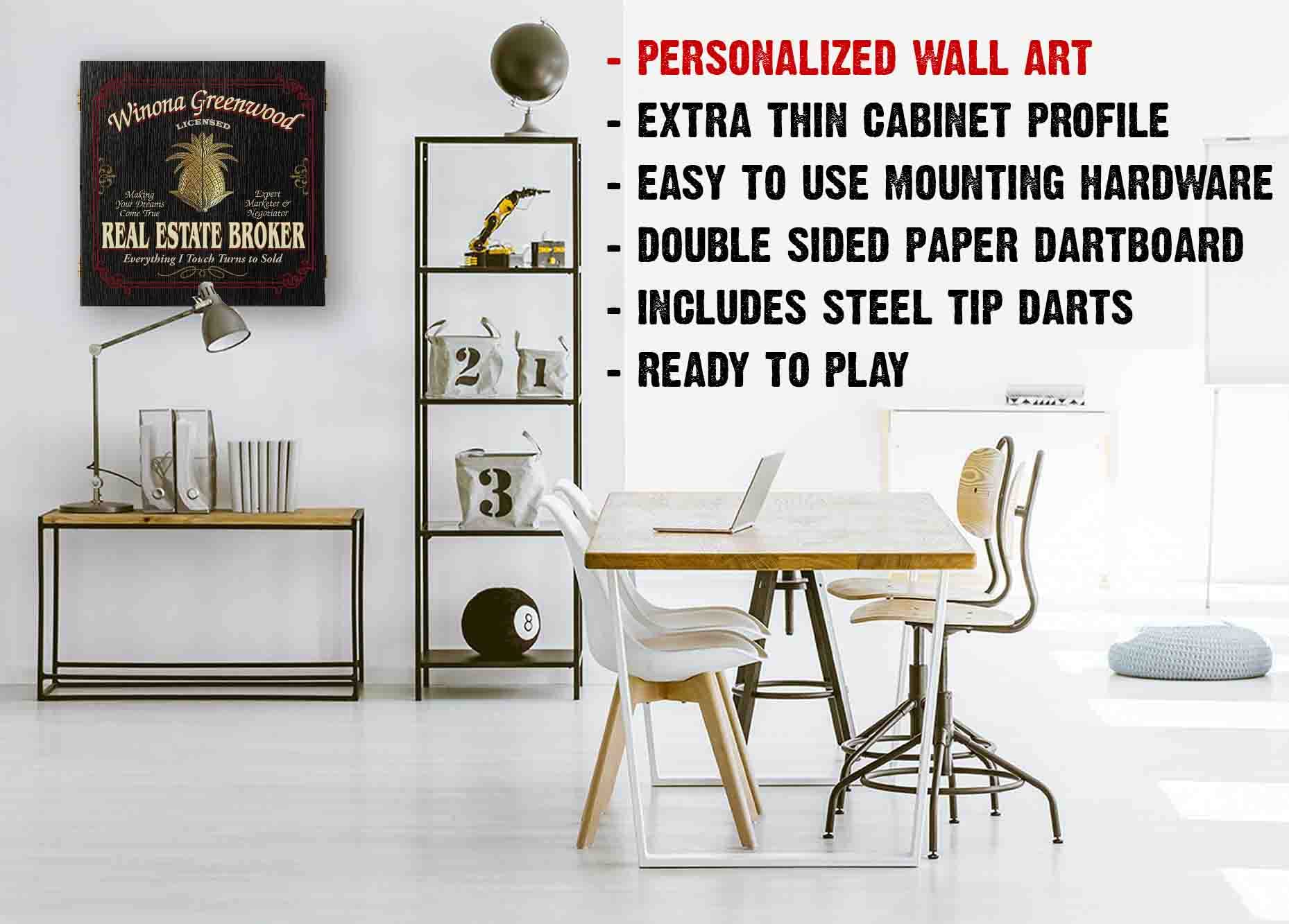 THOUSAND OAKS BARREL CO. Personalized Dartboard & Cabinet Set - Professional Steel Tip Dart Board for Adults with 6 Darts, Eraser & Chalk Scoreboard - Perfect for Game Rooms, Bars & Man Caves