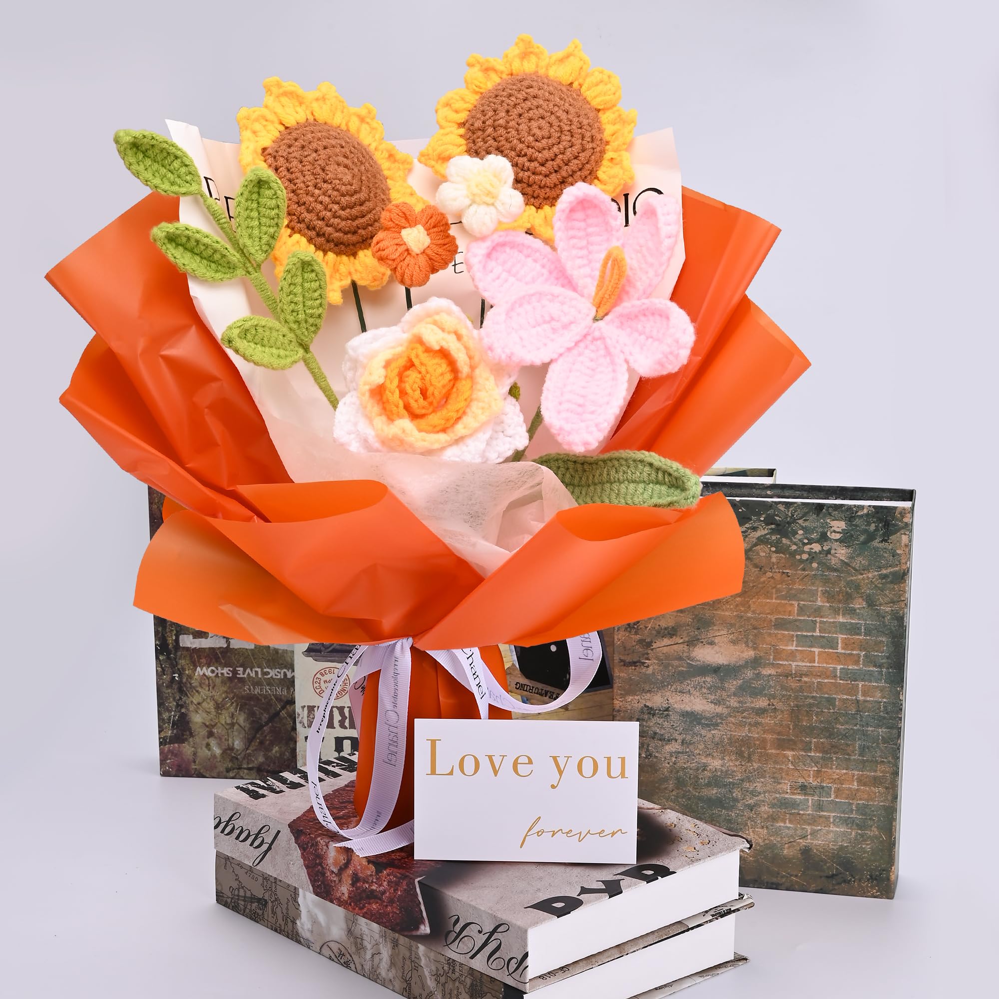 Handmade Crochet Flower Bouquet Gift Set - 7Pcs Tulips, Sunflowers & Roses Floral Arrangement for Women, Mom, Wife - Perfect for Anniversary, Graduation, Wedding Decor - Home & Office Decoration (Orange)