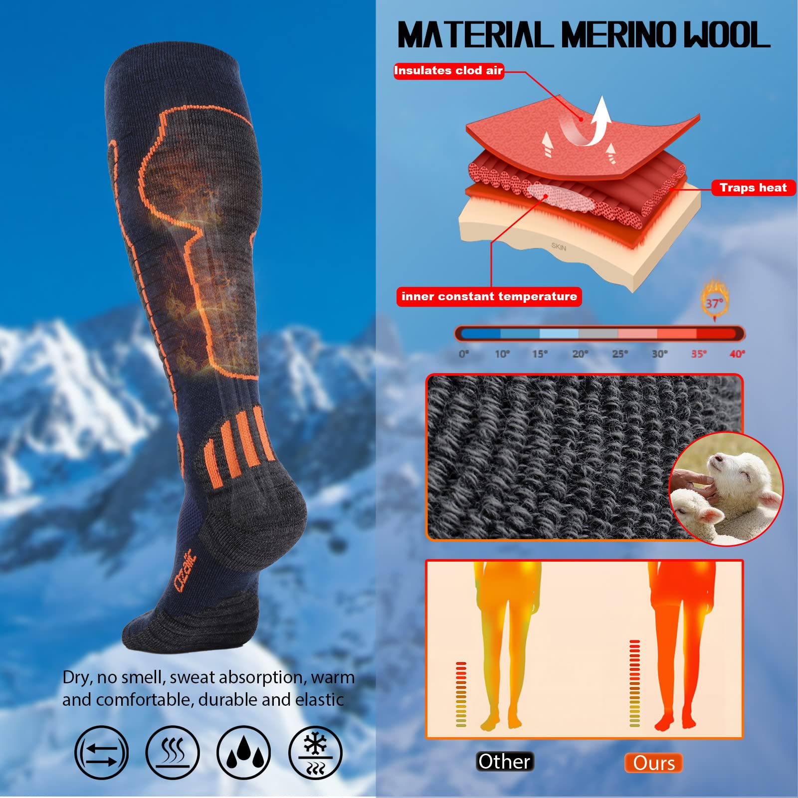 Merino Wool Ski Socks for Men & Women - 2 Pairs Warm Thermal Performance Socks for Skiing & Snowboarding