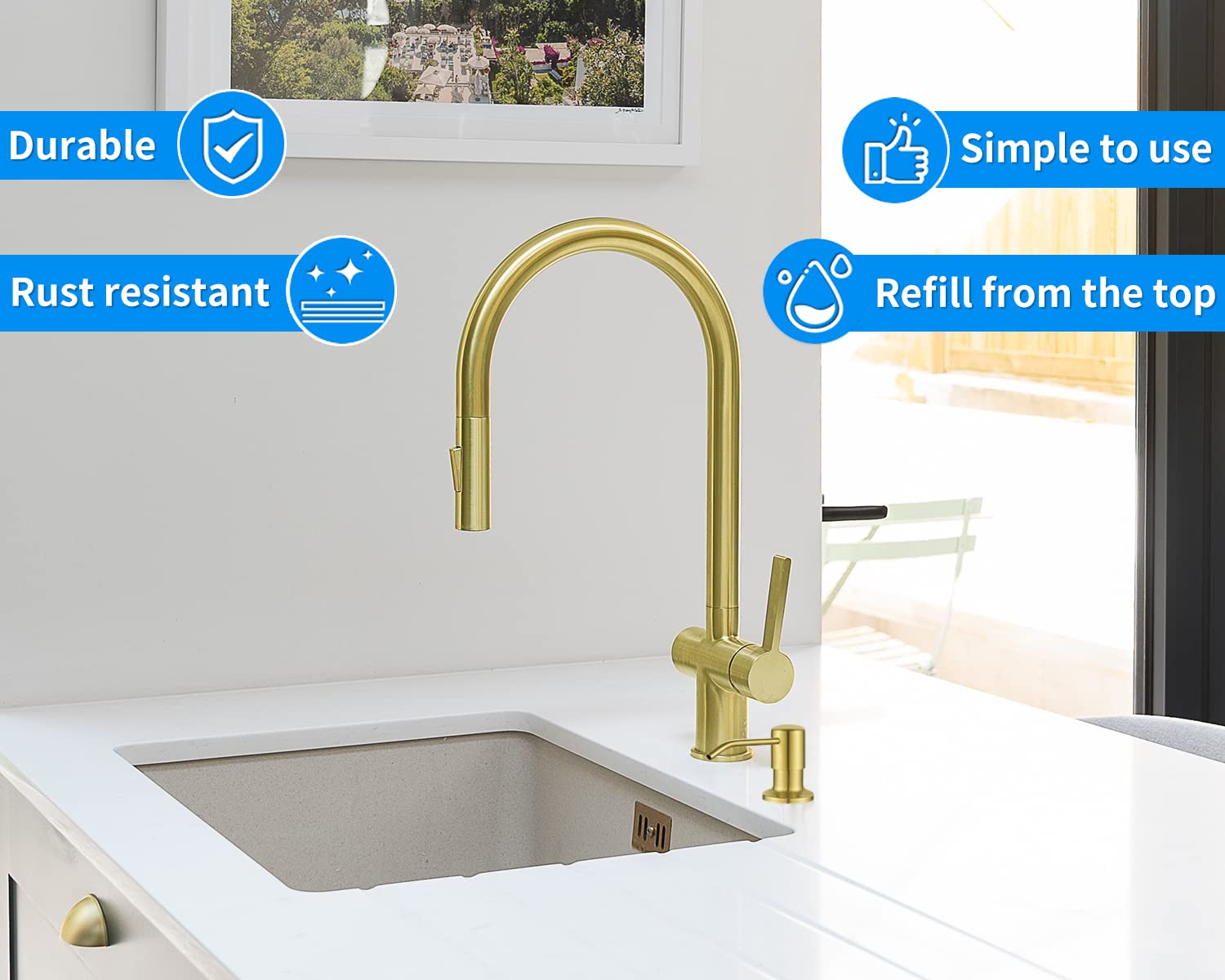 Gold Brushed Stainless Steel Built-In Soap Dispenser for Kitchen Sink - 17OZ Refillable Countertop Pump for Dish Soap & Hand Lotion | Modern Touch-Free Design for Hygienic Hand Washing & Dish Cleaning