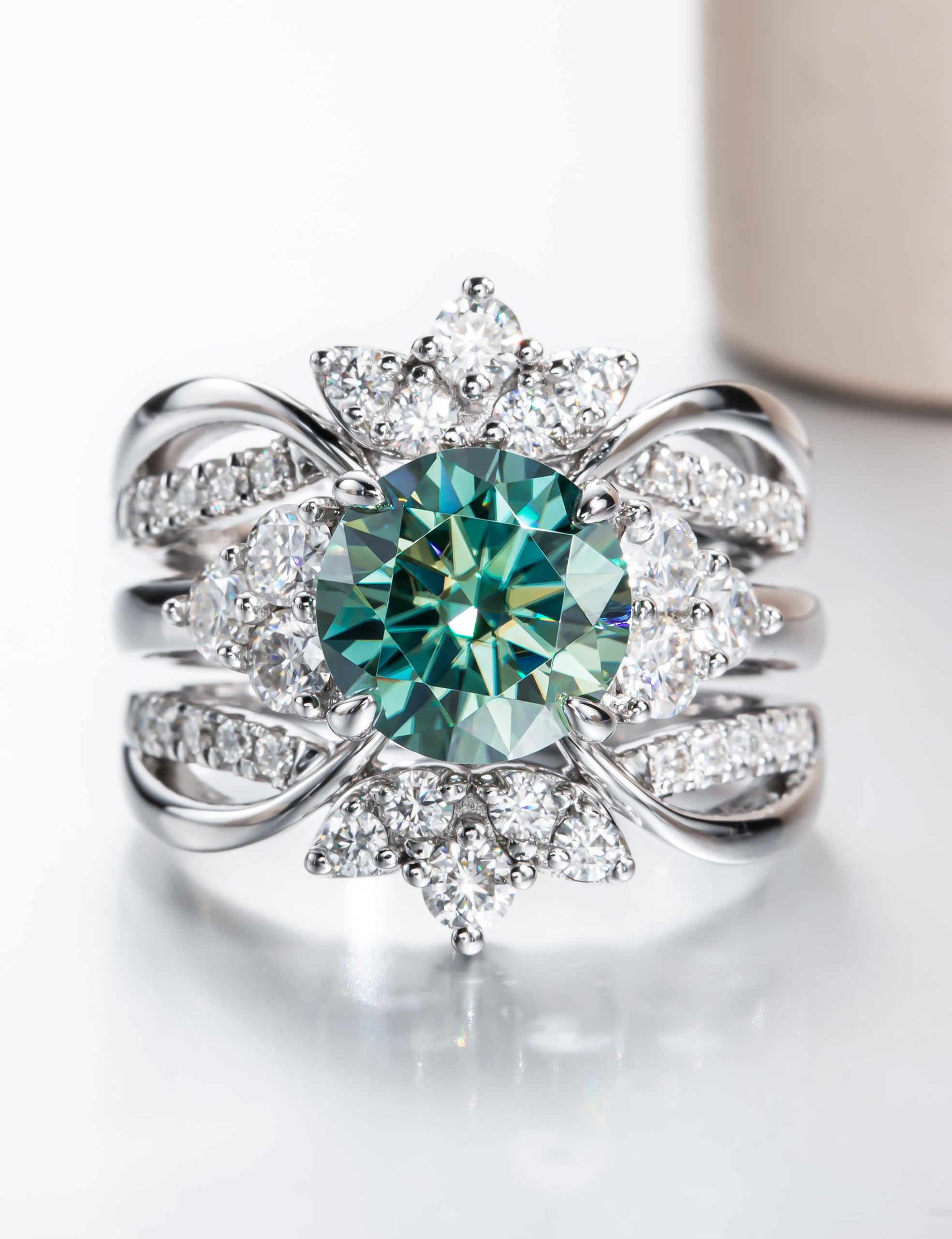 3.0 Carat Fancy Vivid Blue Green Moissanite Ring | 3.6 CTTW VVS D-Color Certified | Platinum Plated Silver Wedding Band | Elegant Engagement & Anniversary Ring for Women | Perfect for Proposals, Bridal Jewelry & Special Occasions