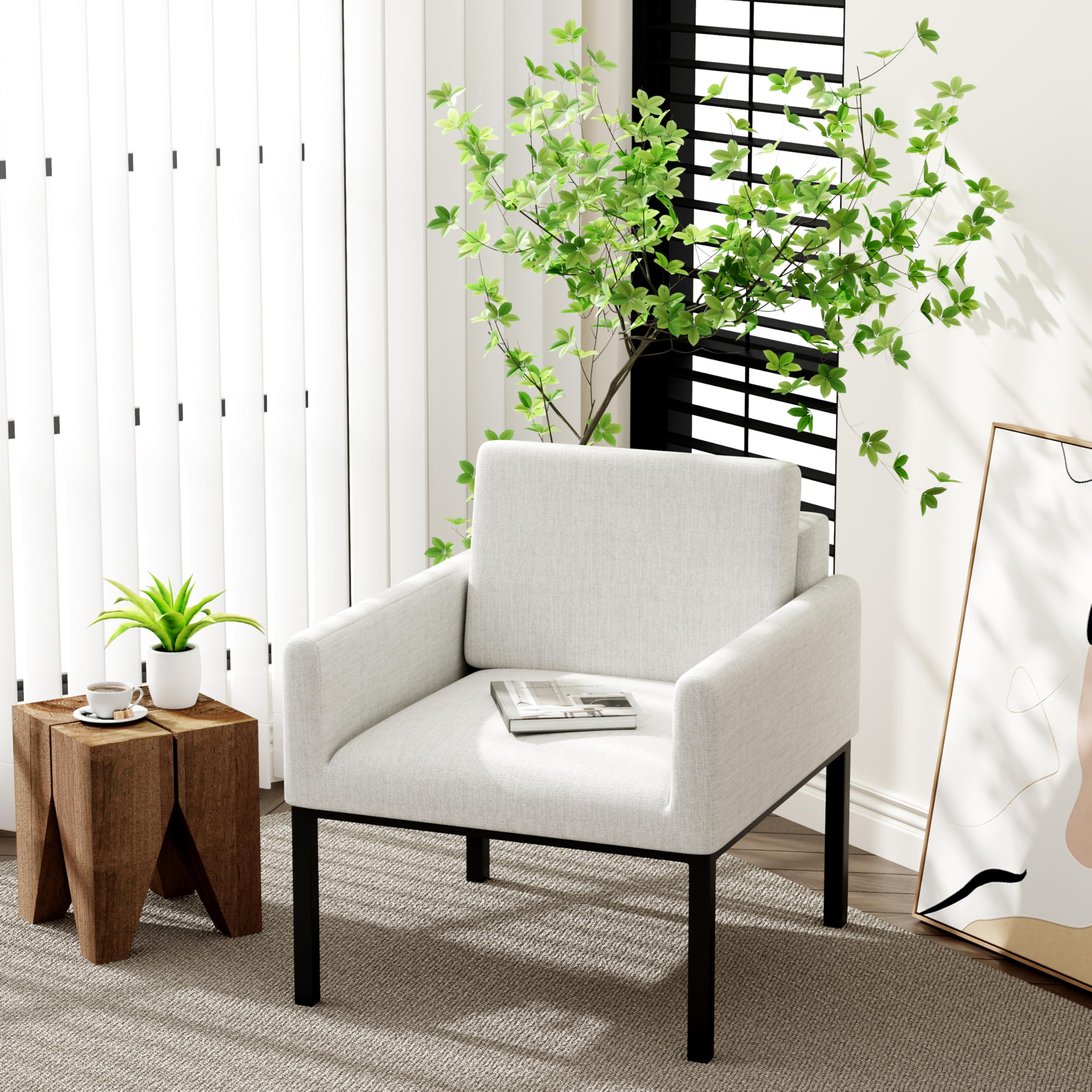 Andeworld Mid Century Modern Accent Chair - Grayish White Upholstered Armchair for Living Room, Bedroom & Apartment - Perfect for Reading, Lounging & Relaxing - Elegant Home Decor & Comfortable Seating Solution