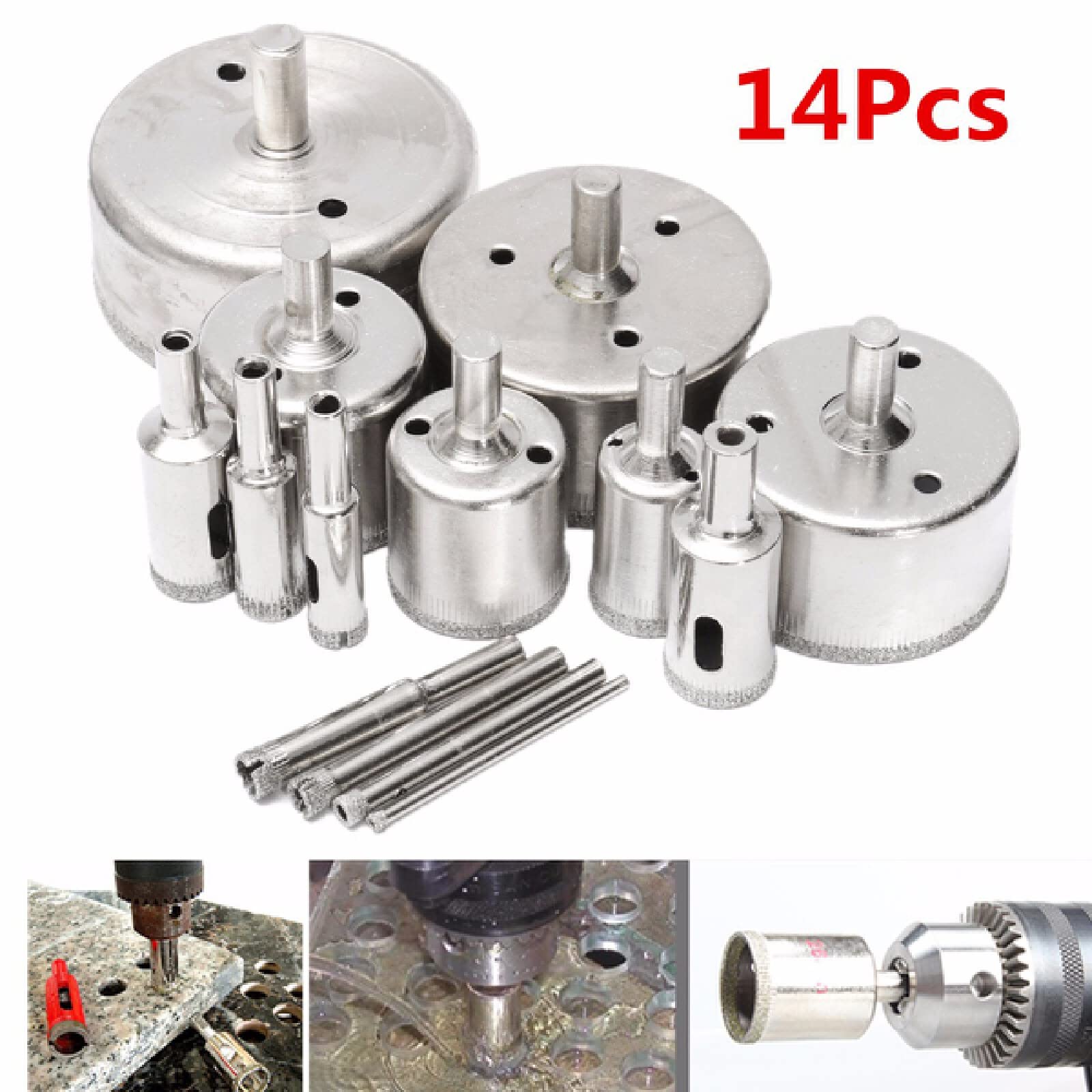 14-Piece Diamond Coated Drill Bit Set (3-70mm) for Tile, Marble, Glass & Ceramic - Hole Saw & Core Drill Bits for Professional & DIY Projects