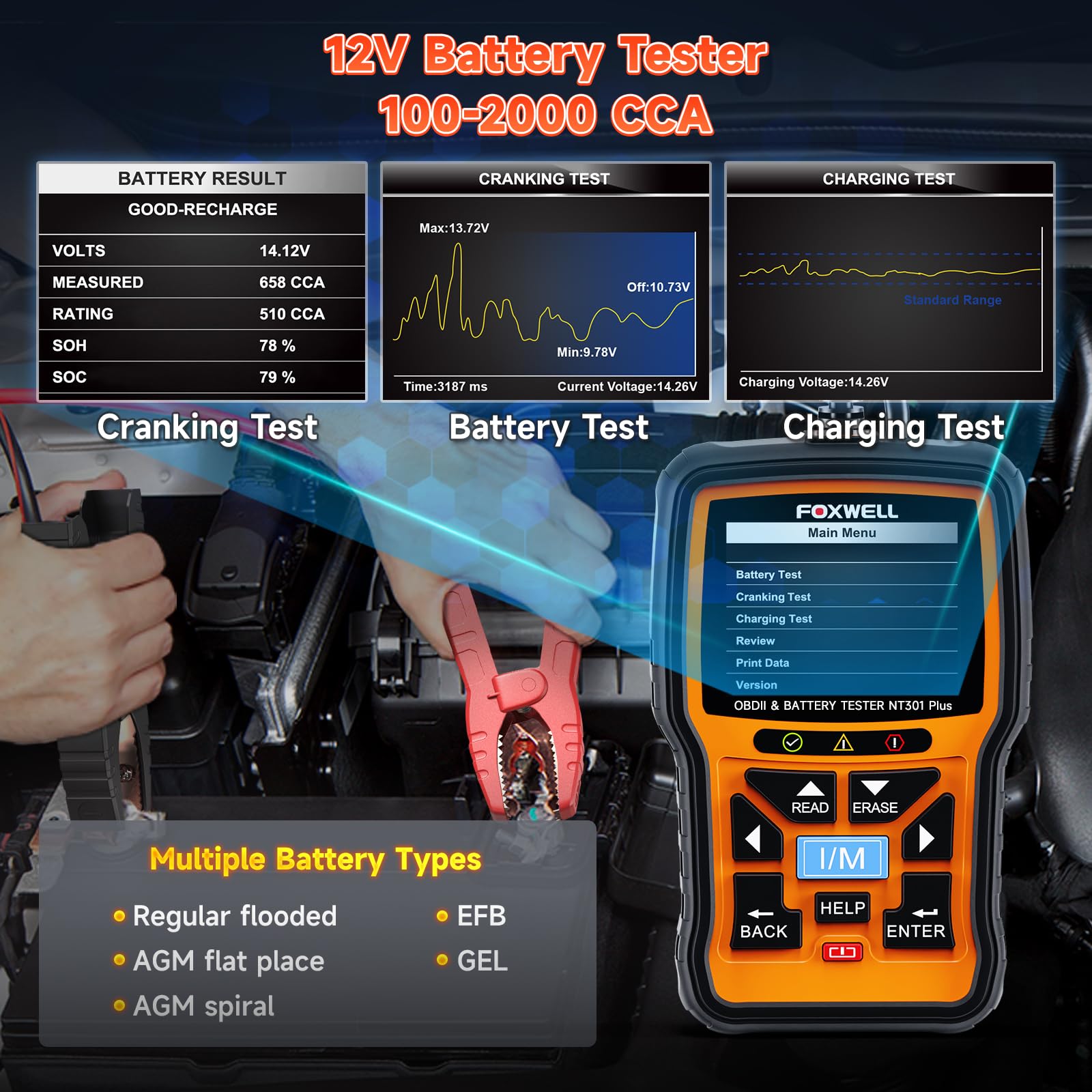 FOXWELL BT100 Pro 12V Car Battery Tester - Automotive Digital Battery Analyzer with NT301 Plus OBD2 Scanner - Perfect for Vehicle Maintenance & Diagnostics