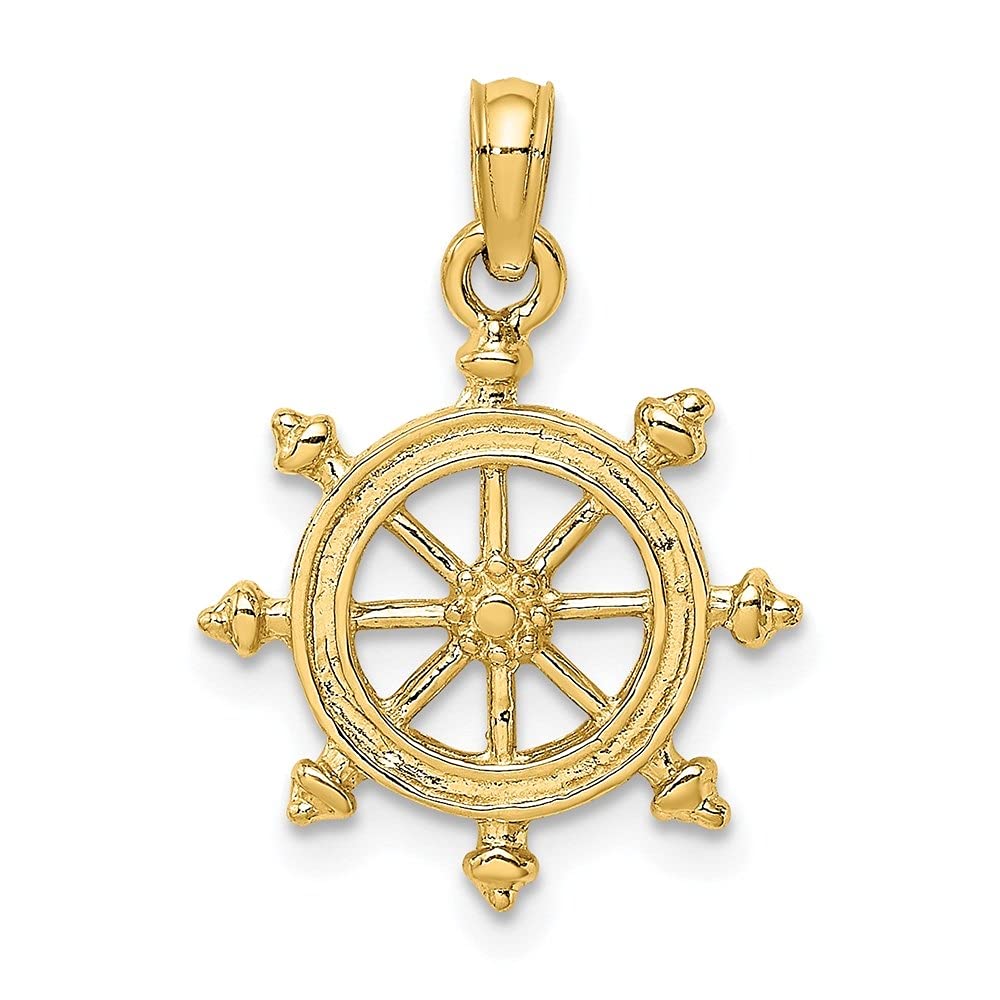 14K Yellow Gold Engraved Ship Wheel Charm Pendant for Women - Nautical Jewelry Gift for Sailors, Beach Lovers & Marine Enthusiasts