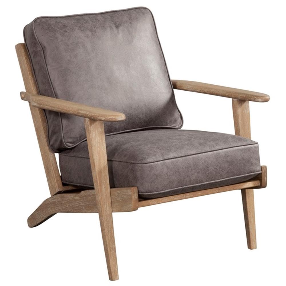 Artica Faux Leather and Rubberwood Lounge Chair - Gray/Iron Brush Natural - Modern Living Room Accent Chair for Relaxing & Reading