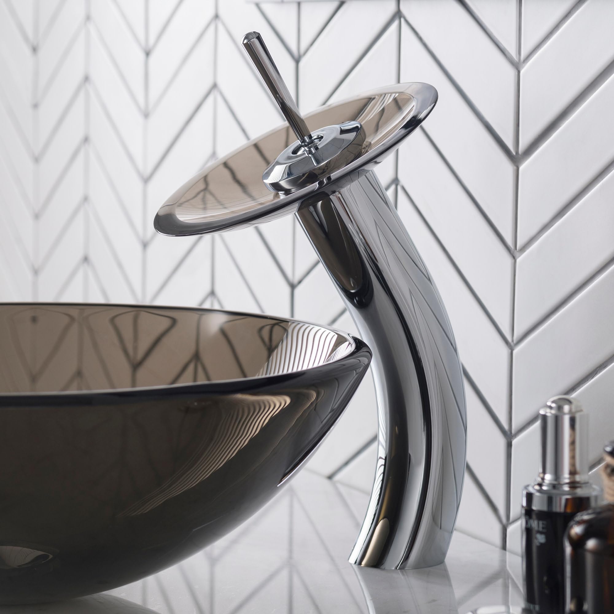 Chrome Single Lever Vessel Glass Waterfall Bathroom Faucet with Brown Clear Glass Disk & Matching Pop Up Drain - Modern Vanity Sink for Bathroom & Powder Room Decor