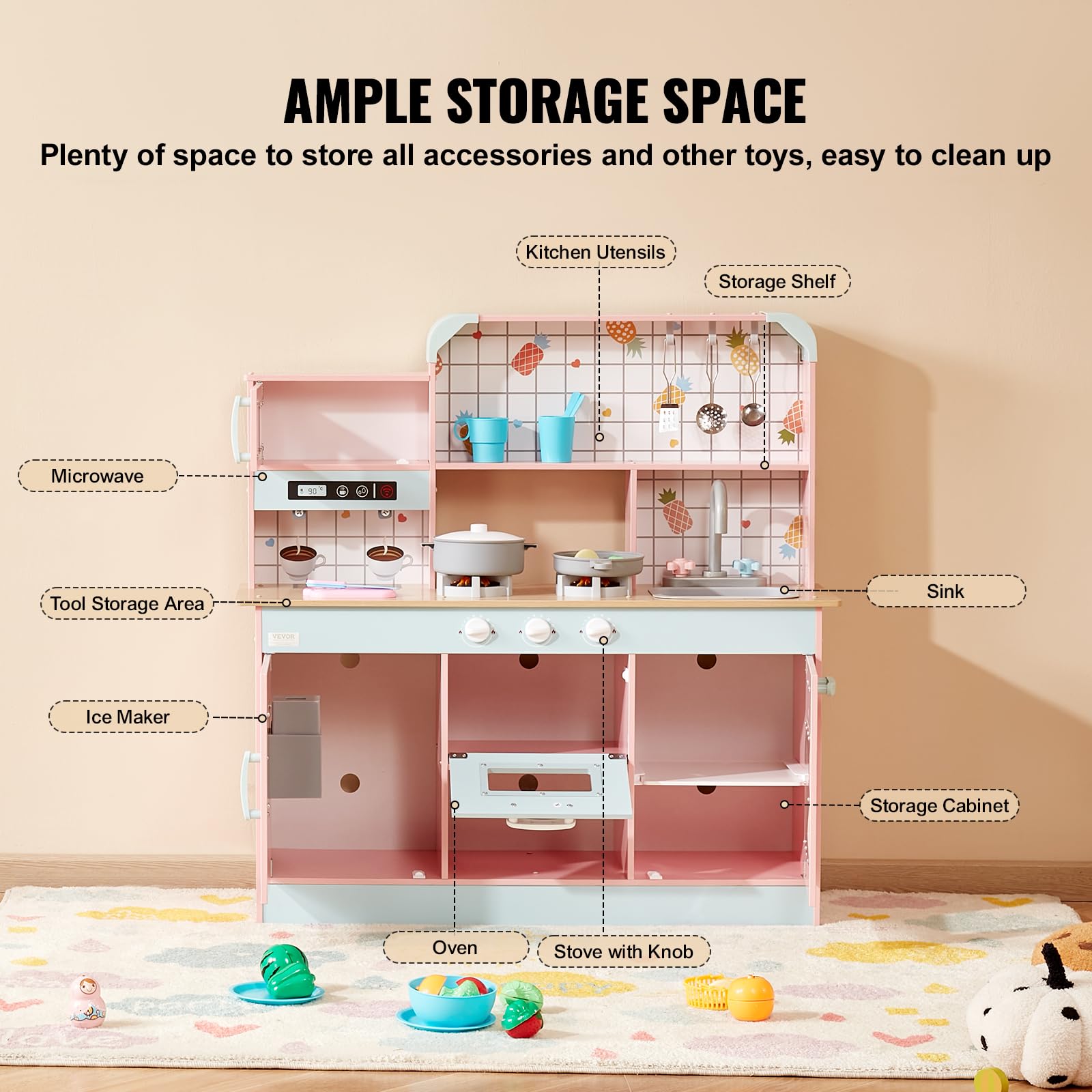 VEVOR Wooden Play Kitchen Toy for Kids Ages 3-8 - Interactive Pretend Play Set with Lights, Sounds, Ice Maker, Oven, Sink, Microwave & Fridge - Includes Utensils & Fruit Accessories - Perfect for Imaginative Play, Role-Playing & Early Learning (Pink)