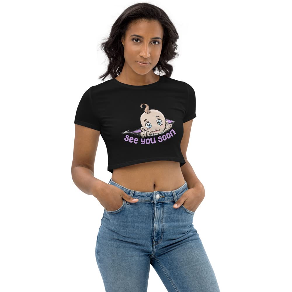 Funny Maternity Pregnancy Announcement Crop Top - 'See You Soon' Cute Baby Reveal Shirt for Gender Reveal Parties & Photoshoots