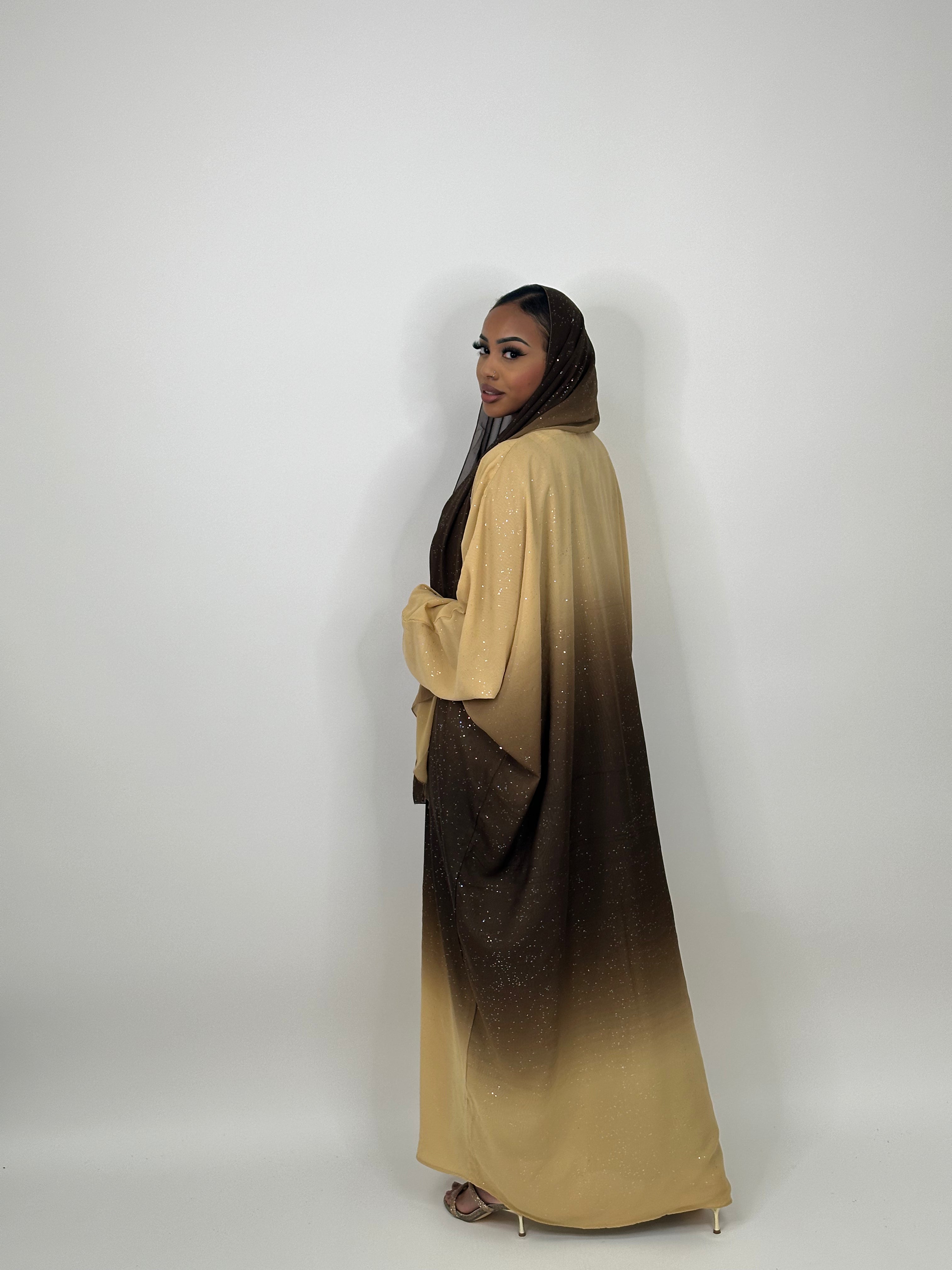 Elegant Brown Ombré Stars Abaya Dress - Modest Islamic Fashion for Women - Perfect for Eid, Prayer & Special Occasions