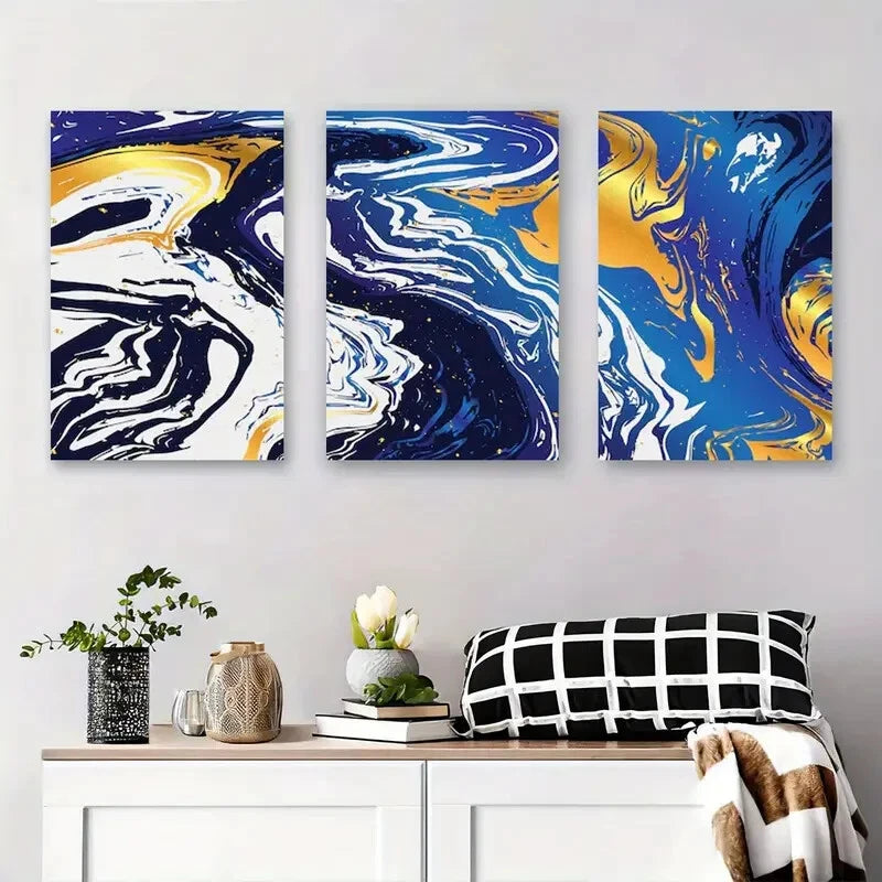 3-Piece Abstract Blue and Gold Marble Metal Wall Art - Ready to Hang Modern Home Decor for Living Room, Bedroom & Office
