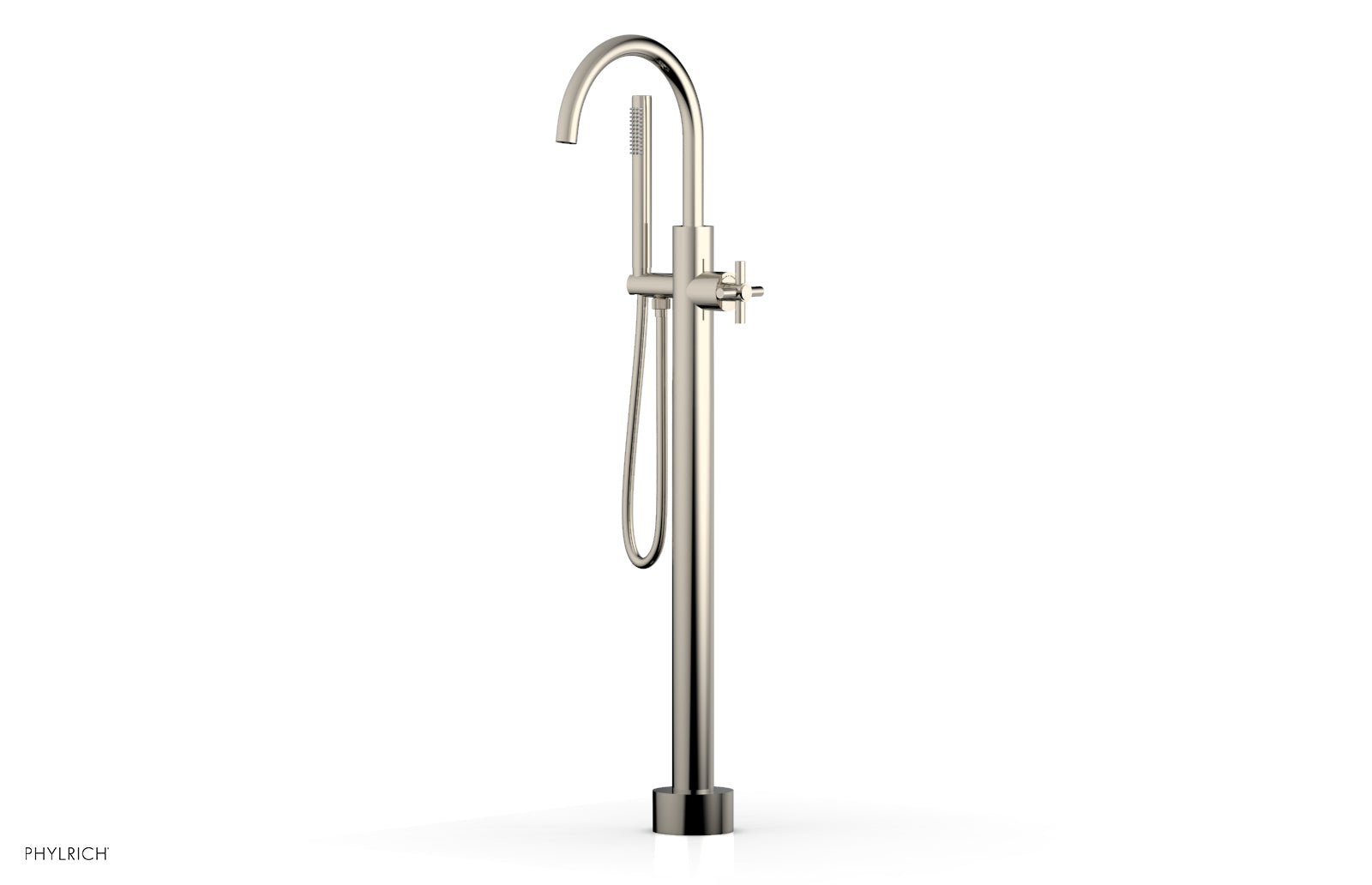 Premium Tall Floor Mount Tub Filler with Cross Handle & Hand Shower - D1314401 - Perfect for Modern Bathroom Renovations and Spa-Like Showers