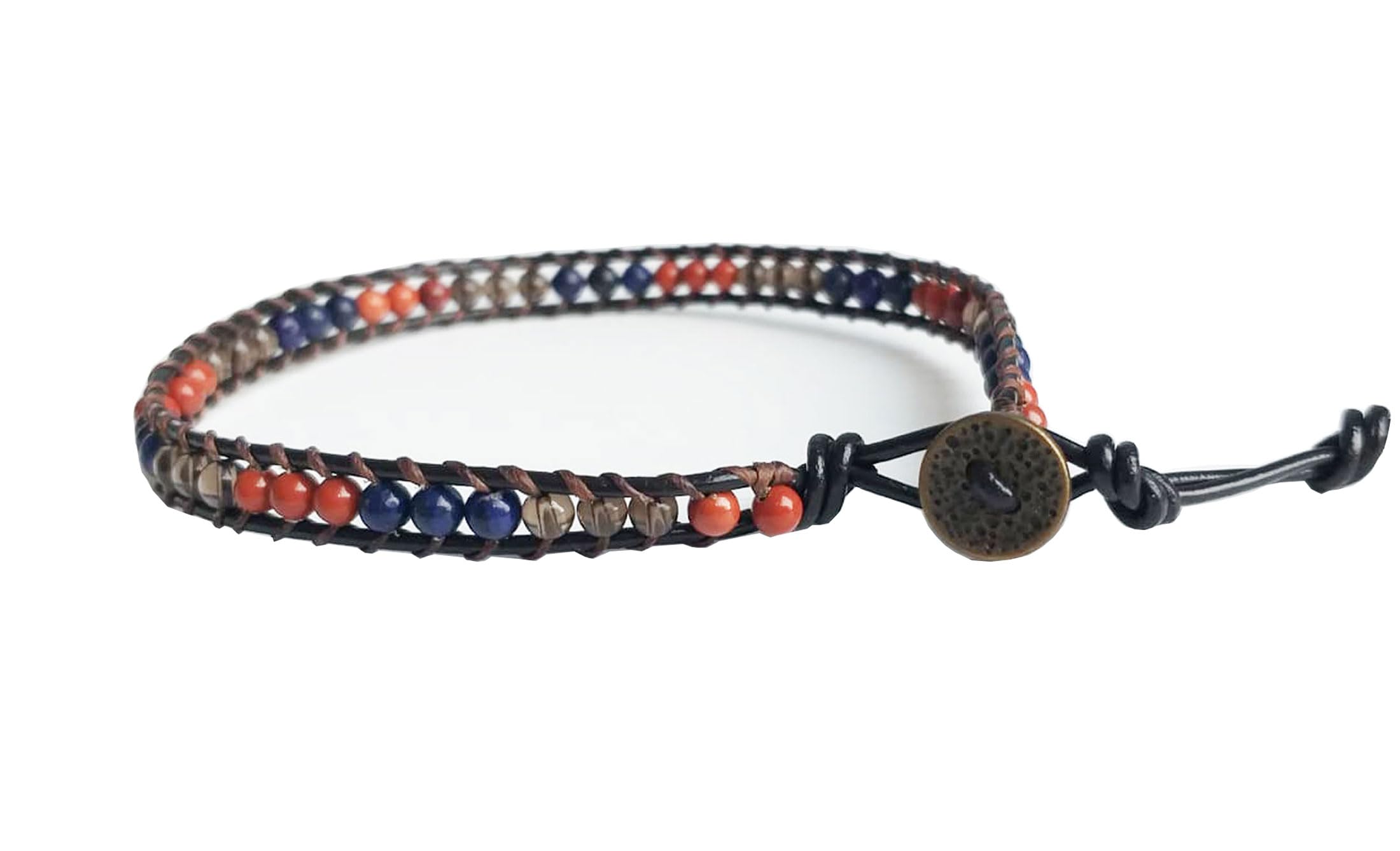 Lapis Red Jasper Smoky Quartz Leather Anklet – Red Blue Gray Beaded Gemstone Anklet for Men & Women – Perfect for Beach, Yoga, and Boho Fashion