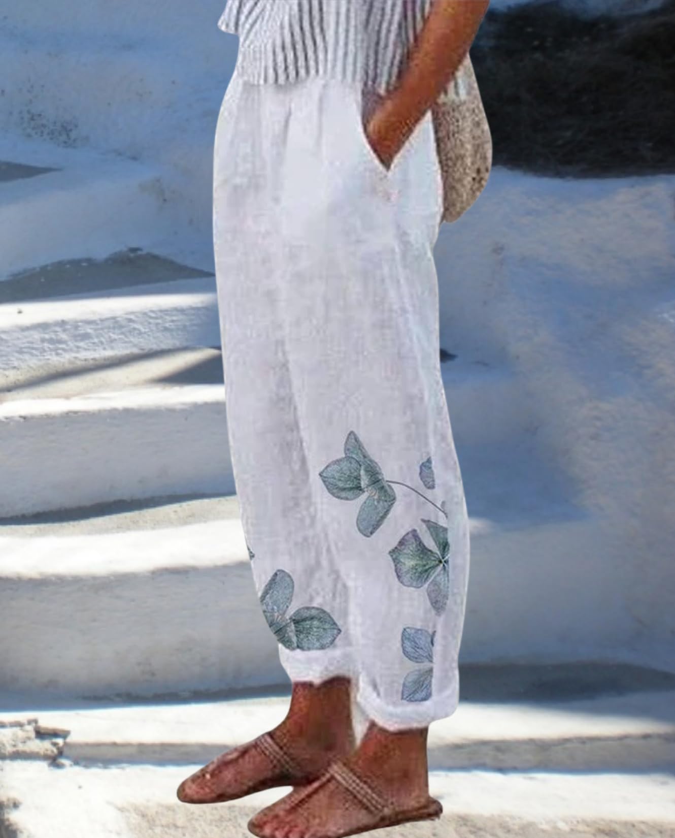 Women's Costa Rican Cotton Linen Pants - Elastic Waist Floral Print Cropped Trousers with Pockets | Casual Summer Beach Wear, Vacation Outfit & Boho Chic Style