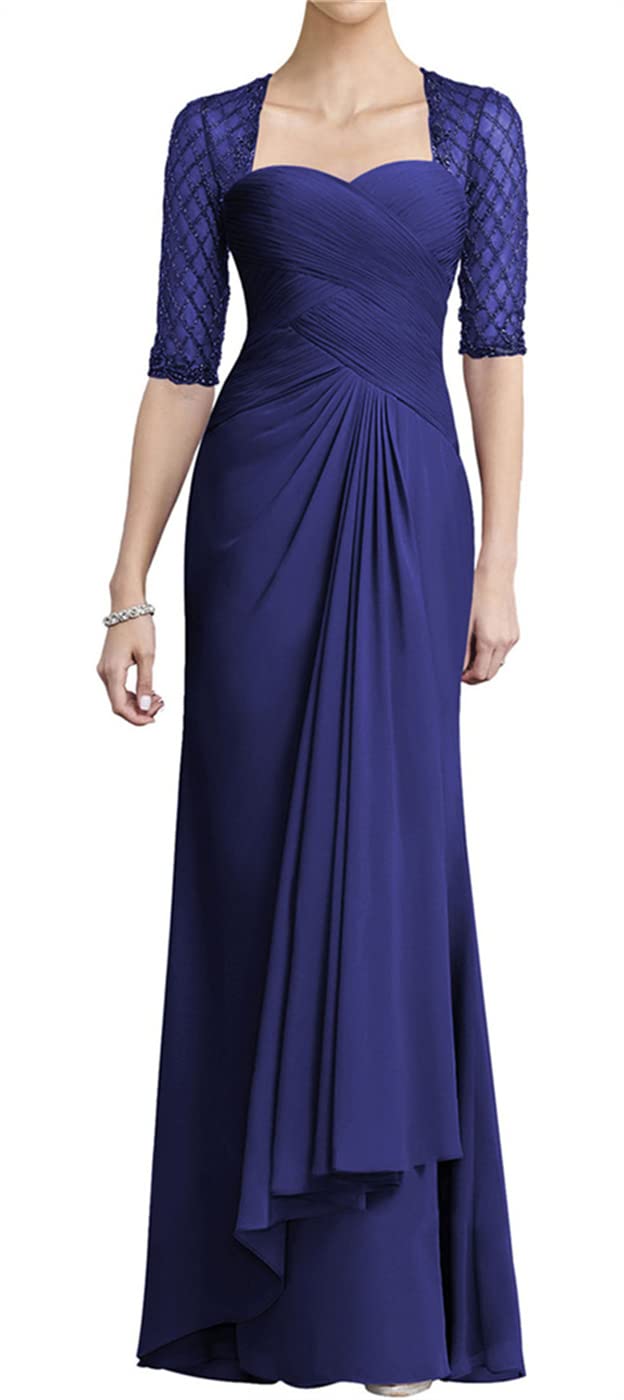 Elegant Beaded Pleated Long Chiffon Mother of The Bride Dress - Formal Evening Gown for Wedding Guest - Women's 3/4 Sleeve Special Occasion Dress for Weddings, Parties & Formal Events