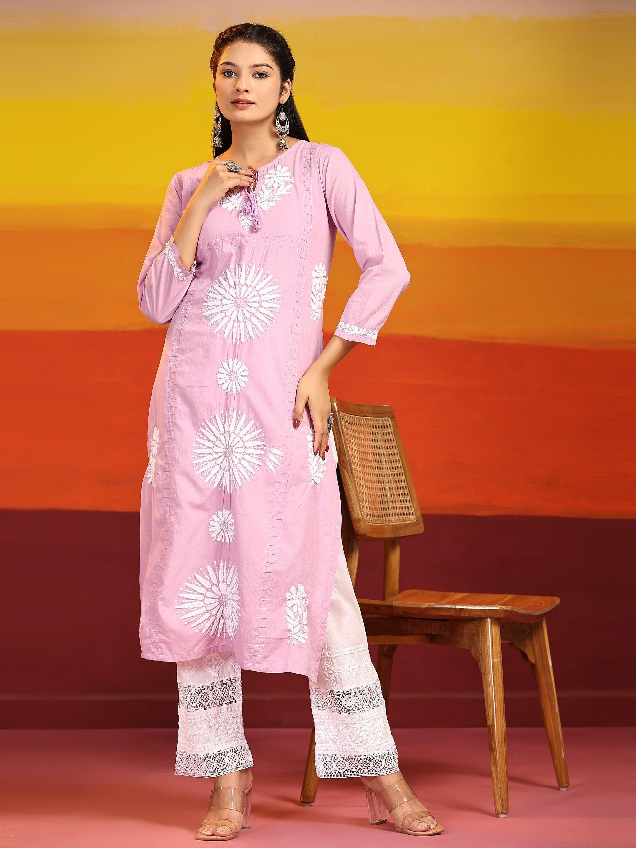 Hand Embroidered Cotton Kurta for Women - Lavender Color with Dori Detailing | Perfect for Festivals, Weddings & Casual Wear