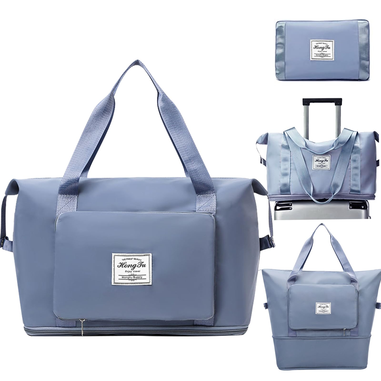INVODA Expandable Travel Duffel Bag for Women - Waterproof Foldable Carry On Weekender Overnight Bag, Gym & Sports Tote - Perfect for Weekend Getaways, Business Trips & Gym Workouts (Blue)