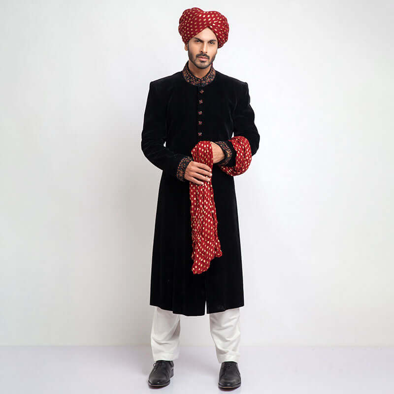 Premium Jet Black Velvet Sherwani for Men - Slim Fit Indian Wedding Attire for Groom & Party Wear