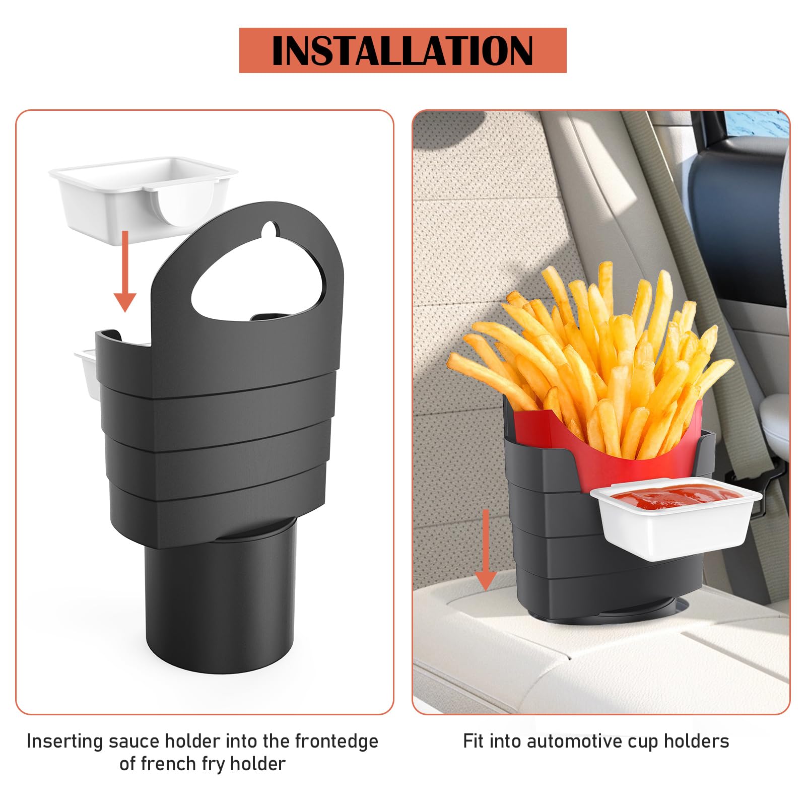 2-Pack Car French Fry Holder with Dipping Sauce Cup - Portable Condiment Holder for Ketchup, Mustard & Sauces - Perfect for Road Trips, Fast Food & Car Snacks
