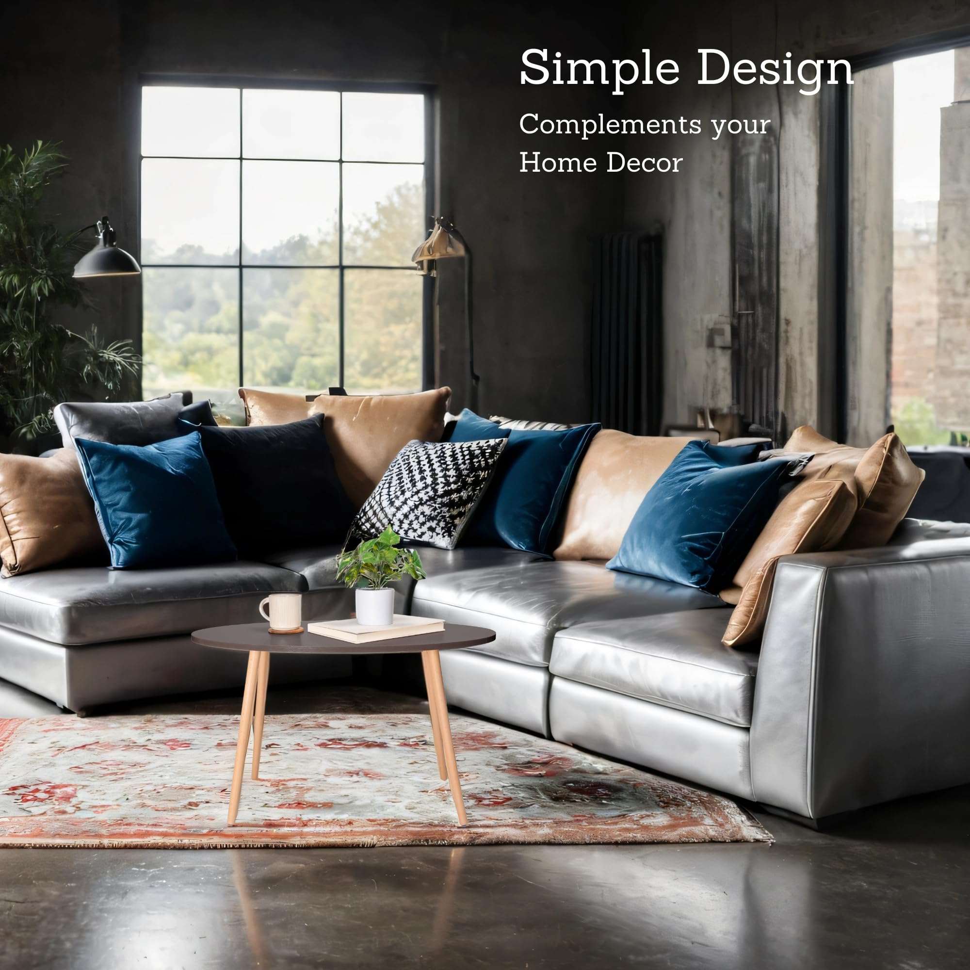 DECOMIL - Modern Oval Coffee Table & End Table for Small Spaces - Industrial Design for Living Room, Office, Balcony - Perfect for Coffee, Laptop Use - Brown Wood Finish - Compact Furniture for Apartments & Small Homes