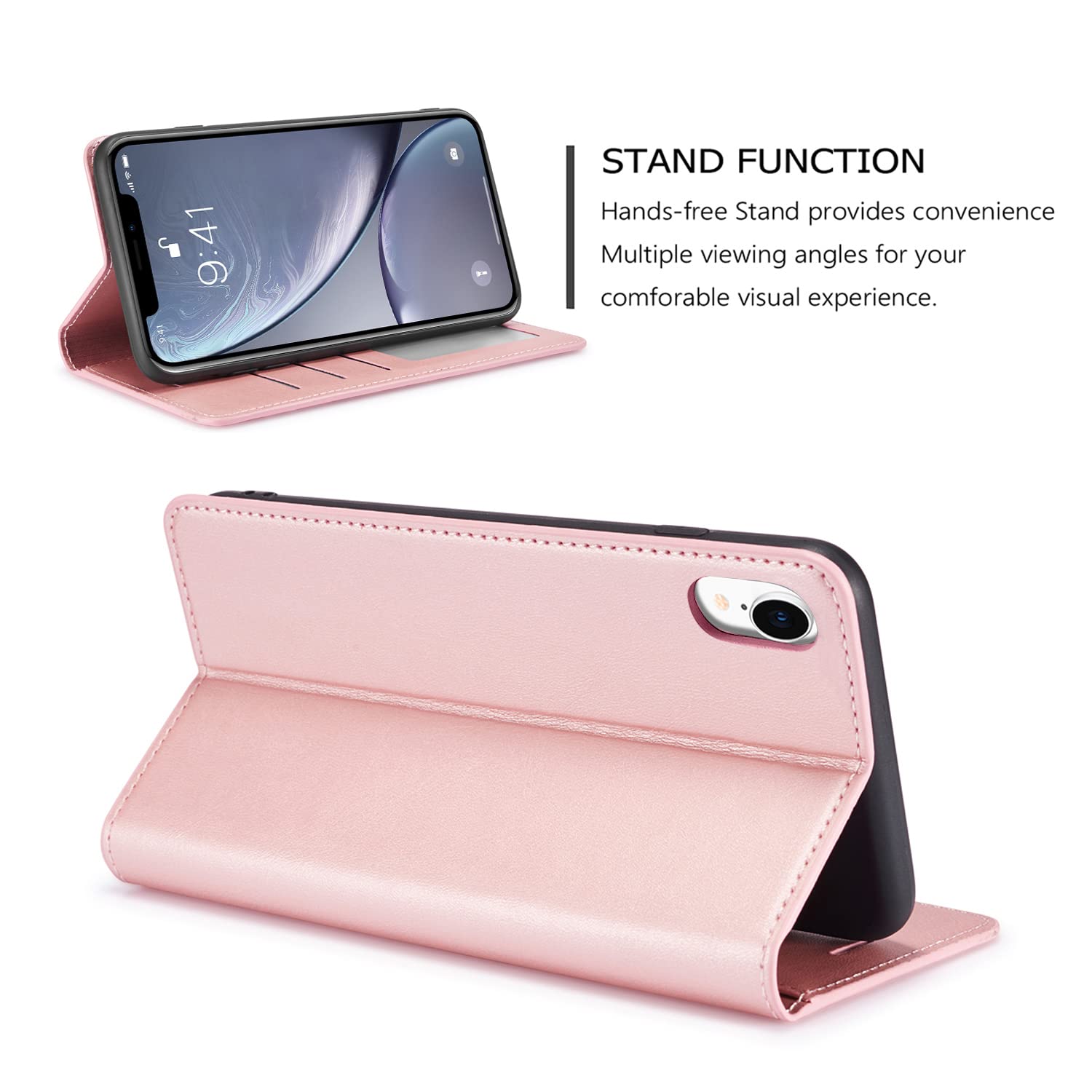 Premium PU Leather iPhone XR Case (6.1 inch) with Card Holder, Kickstand & Magnetic Closure - Shockproof Flip Folio Wallet Cover for Women & Men - Perfect for Work, Travel & Daily Use - Rose Gold