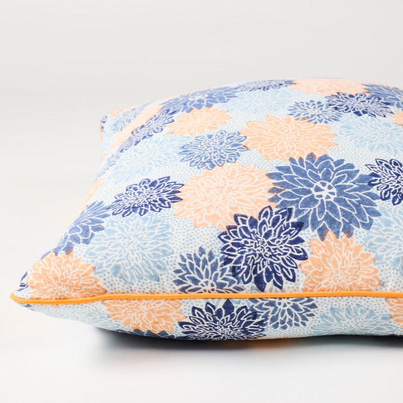 Piped Dahlia Cushion in Indigo & Peach - Soft Throw Pillow for Sofa, Bed, and Home Decor