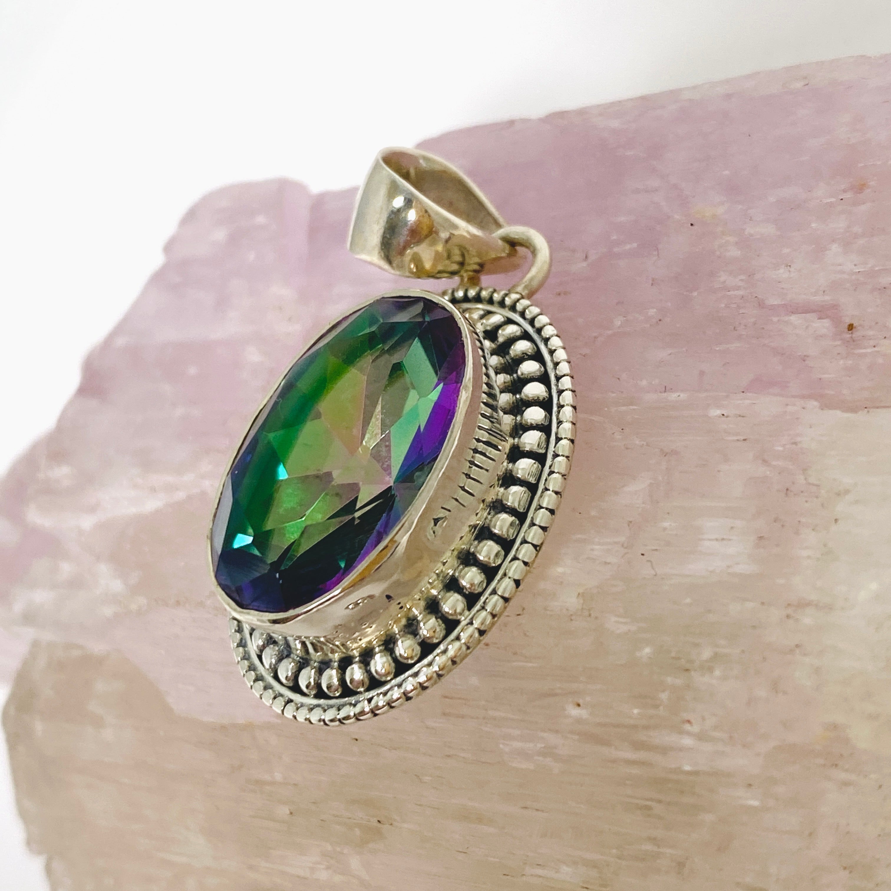 Natural Mystic Topaz Oval Faceted Boho Pendant Necklace - 925 Sterling Silver Jewelry - Perfect for Boho Chic Outfits & Special Occasions