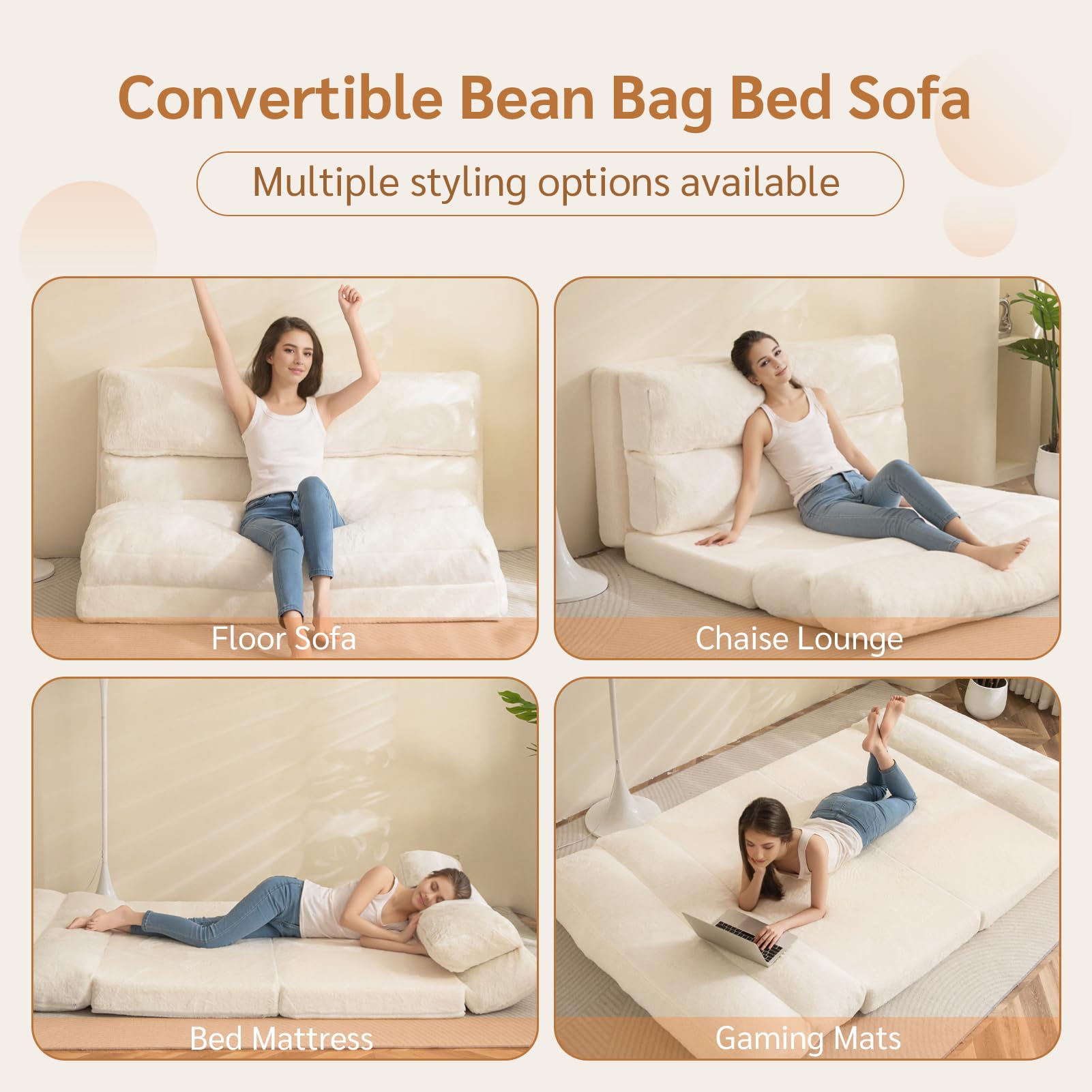 MAXYOYO Extra Wide Bean Bag Bed - Foldable Sofa Bed & Floor Mattress for Adults, Beige Floor Couch - Perfect for Living Room, Bedroom, Dorm & Guest Room