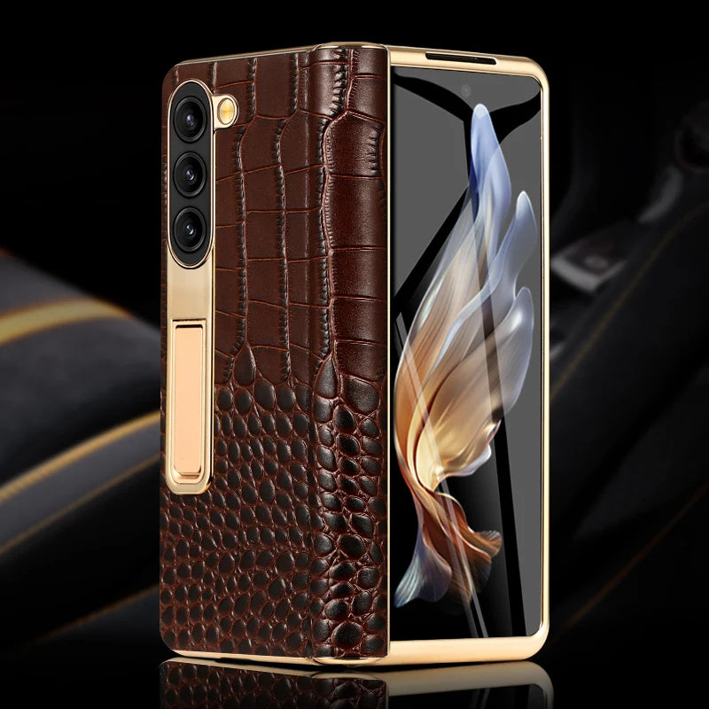 Premium Real Leather Phone Case for Samsung Galaxy Z Fold 6 with Hinge Kickstand - Slim Protective Cover for Work, Travel & Everyday Use