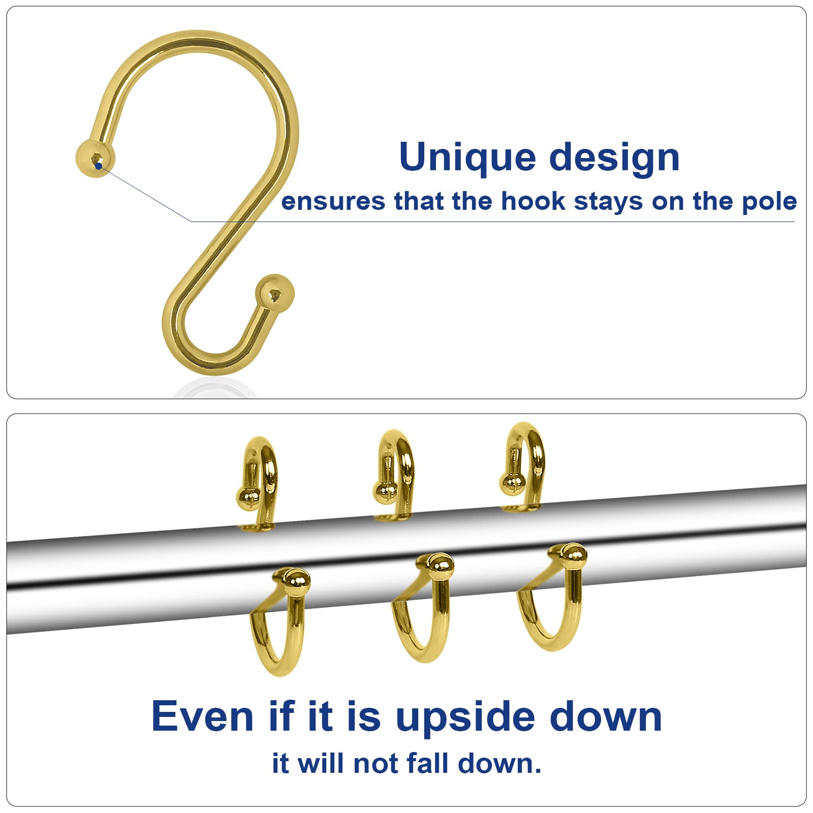 12 Pack Rust-Proof Metal Shower Curtain Hooks - Gold S-Shaped Hangers for Bathroom, Kitchen & Closet - Durable Curtain Rings for Showers, Towels, Clothes & Utensils (Perfect for Home, Dorm & RV Use)