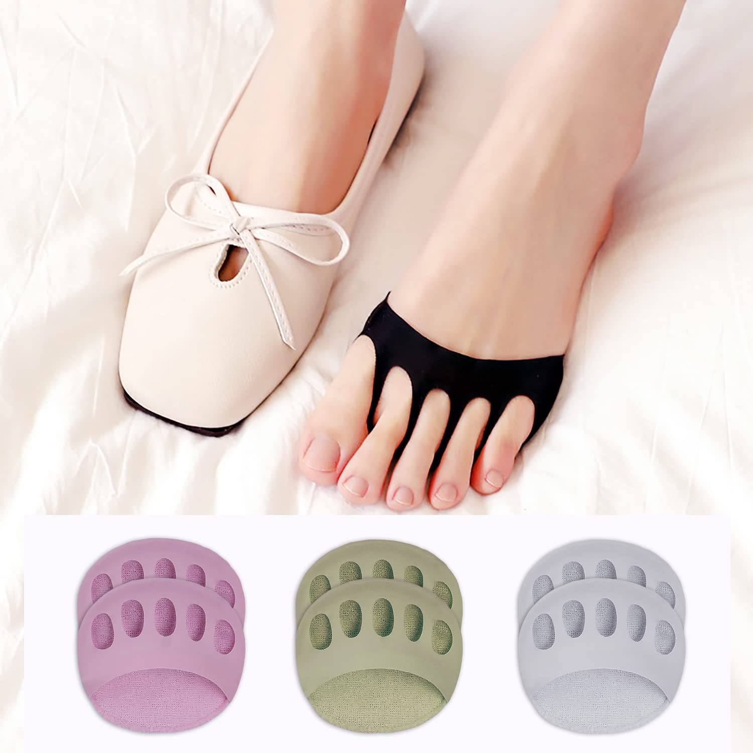 Honeycomb Metatarsal Pads for Women & Men - 6 Pairs Reusable Ball of Foot Cushions, Soft Invisible Socks for Pain Relief - Perfect for High Heels, Running & Daily Comfort