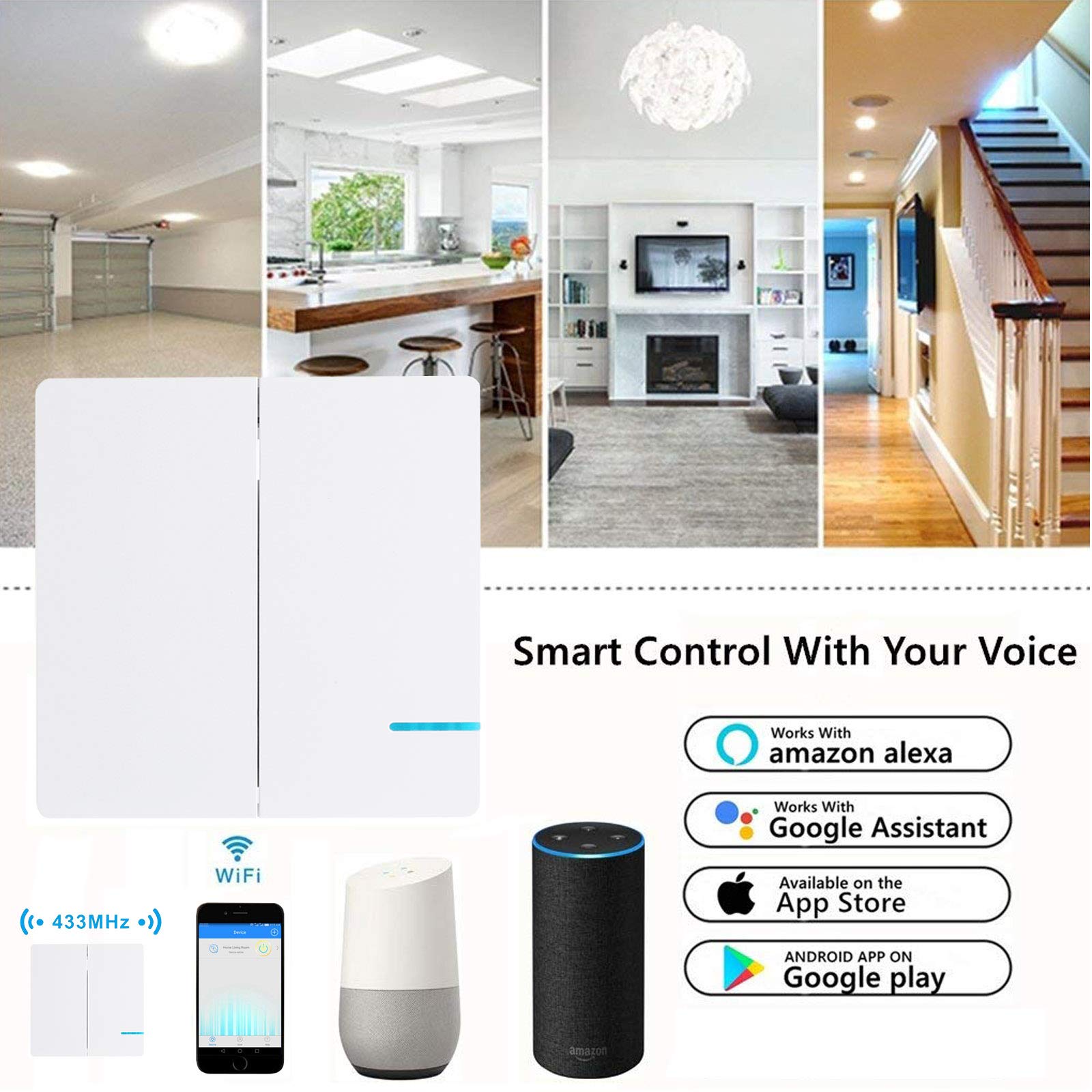 GREENCYCLE Smart WiFi Switch - Wireless Remote Control for Home Appliances, Works with Alexa & Google Assistant, DIY Smart Home via iPhone/Android App (2x 2-Way Switches + 4x WiFi Receivers) - Perfect for Lighting, Fans & Small Electronics